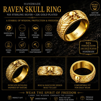 Handmade Raven Skull Ring: 925 Sterling Silver Gothic Mens Band, Viking Style Jewelry