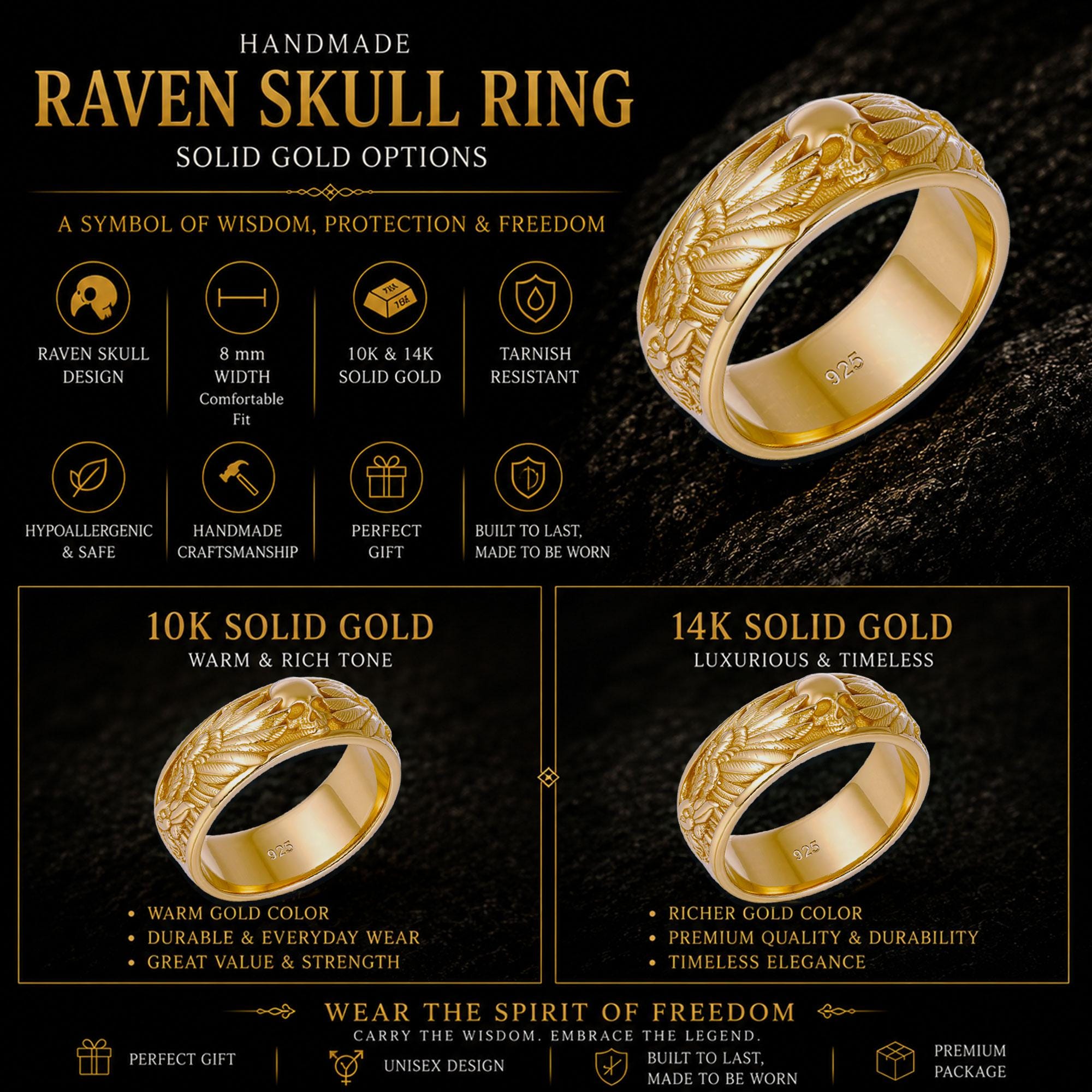 14K Solid Gold Raven Skull Ring: Gothic Viking Men's Band Jewelry