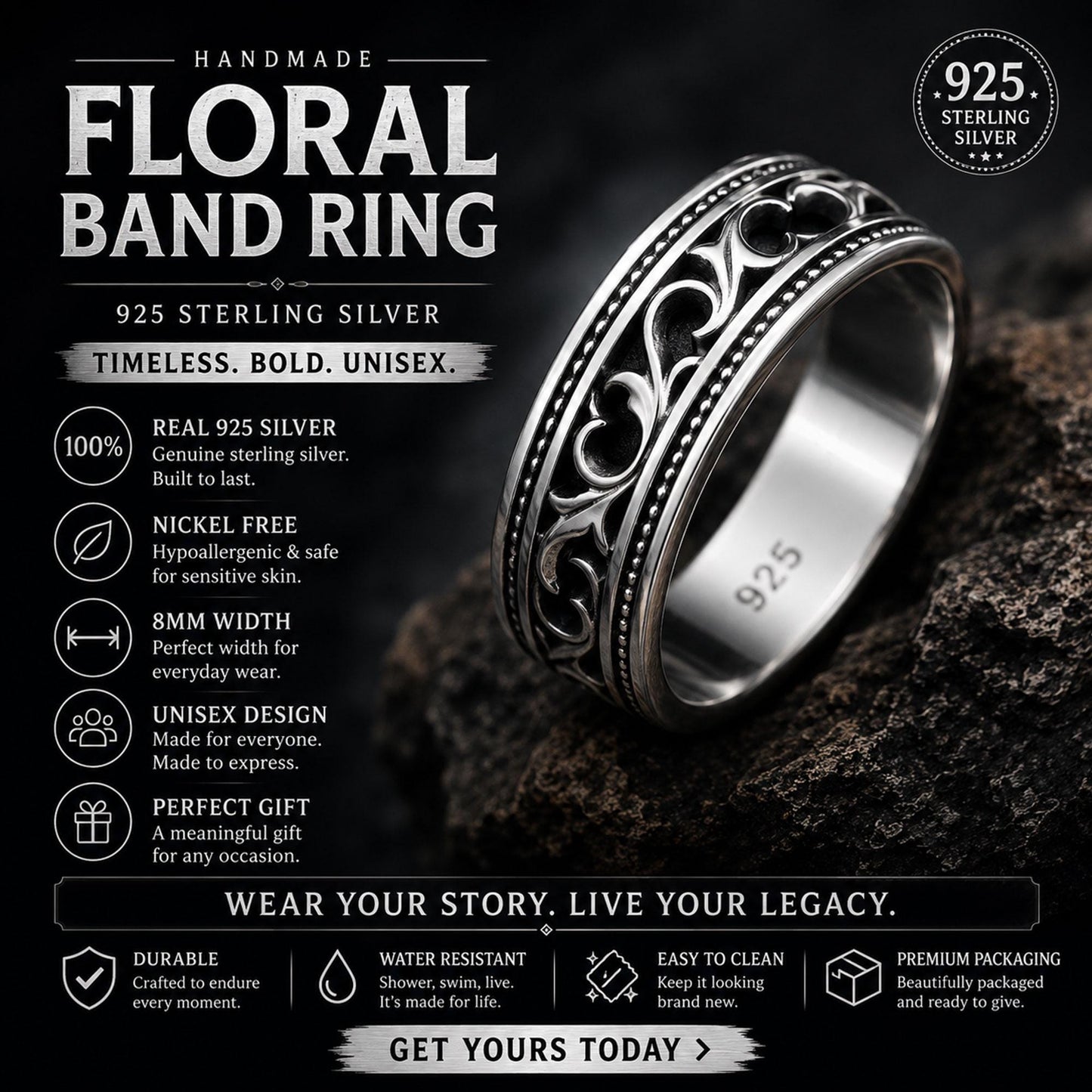 Sterling Silver Vintage Men's Band: Engraved Scrollwork Wedding Ring