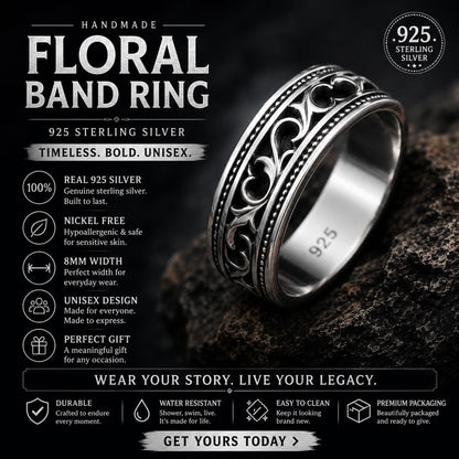 Sterling Silver Vintage Men's Band: Engraved Scrollwork Wedding Ring