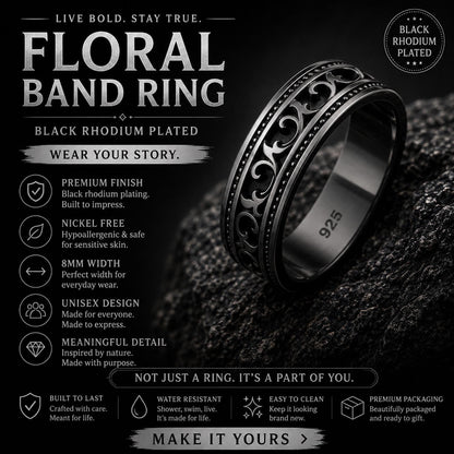 Men's Victorian Floral Band Ring, Engraved Wedding Band, Medieval Filigree Jewelry