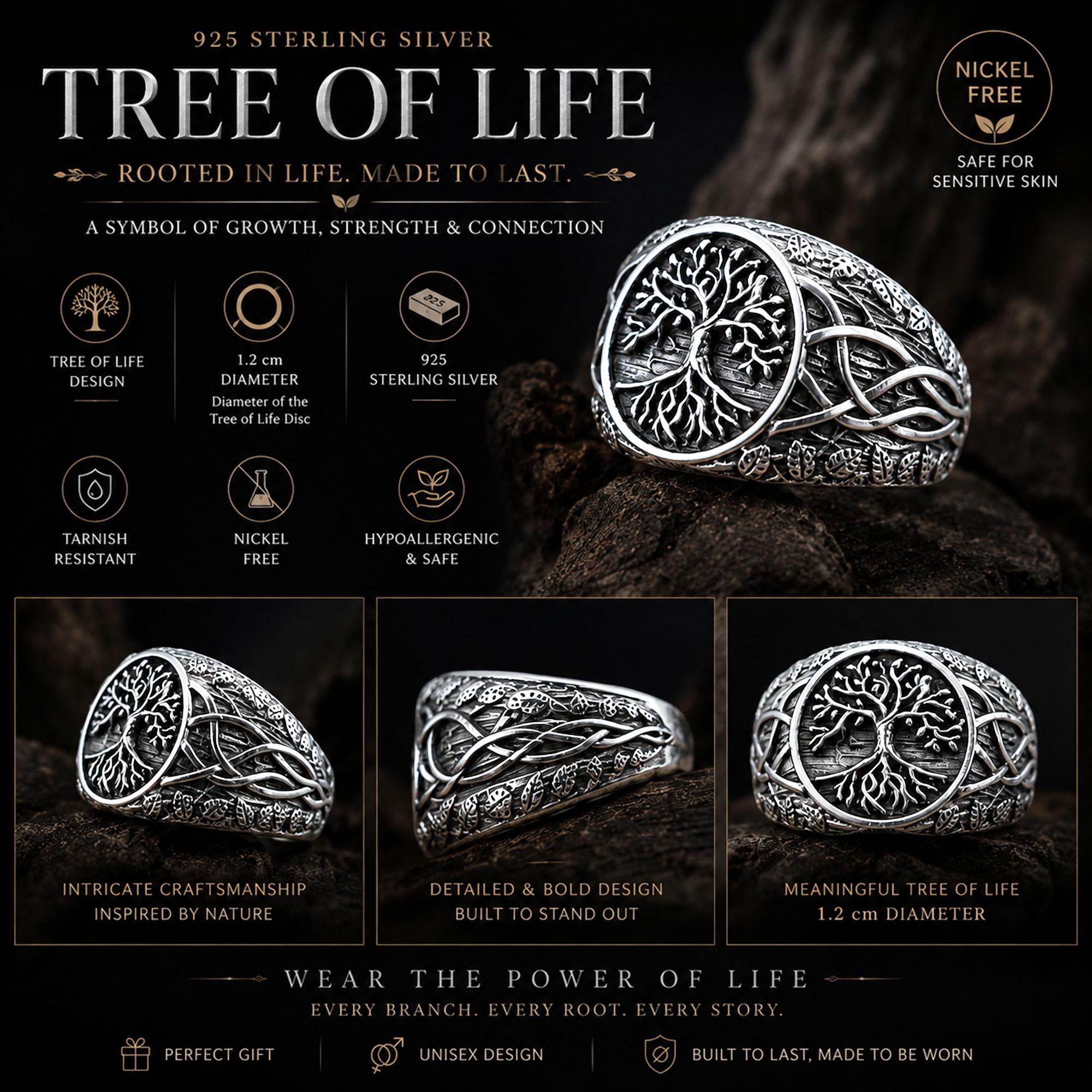 Mens Yggdrasil Ring: Sterling Silver Tree of Life Norse Band, Celtic Symbolism