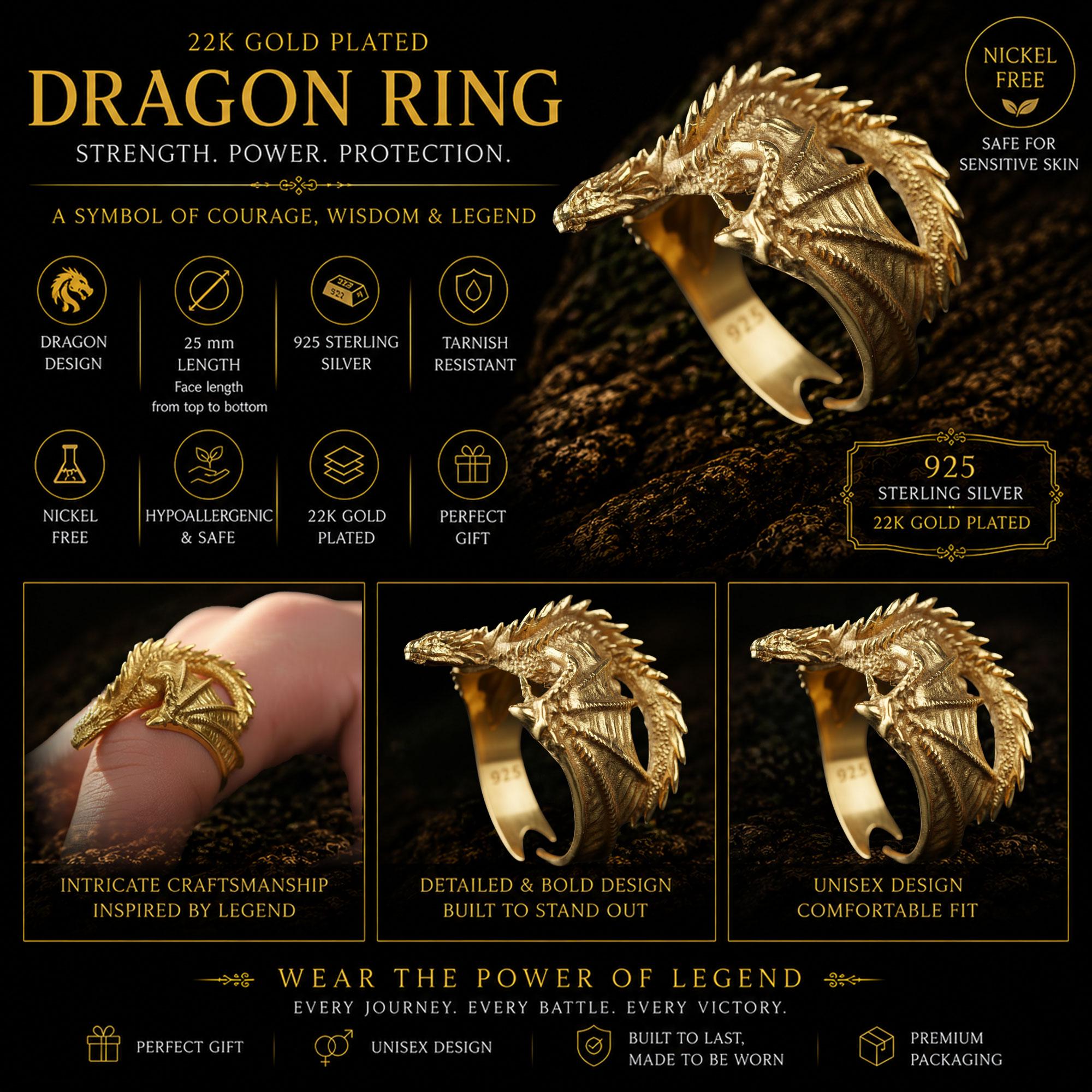 Gold Dragon Wrap Ring: Detailed Fantasy Mythology Statement Jewelry