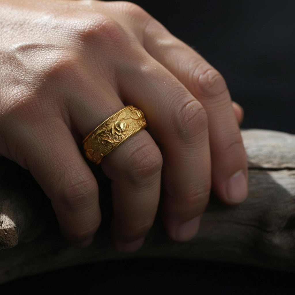 14K Solid Gold Lotus Ring: Japanese Floral Wedding Band, Engraved Blossom Jewelry