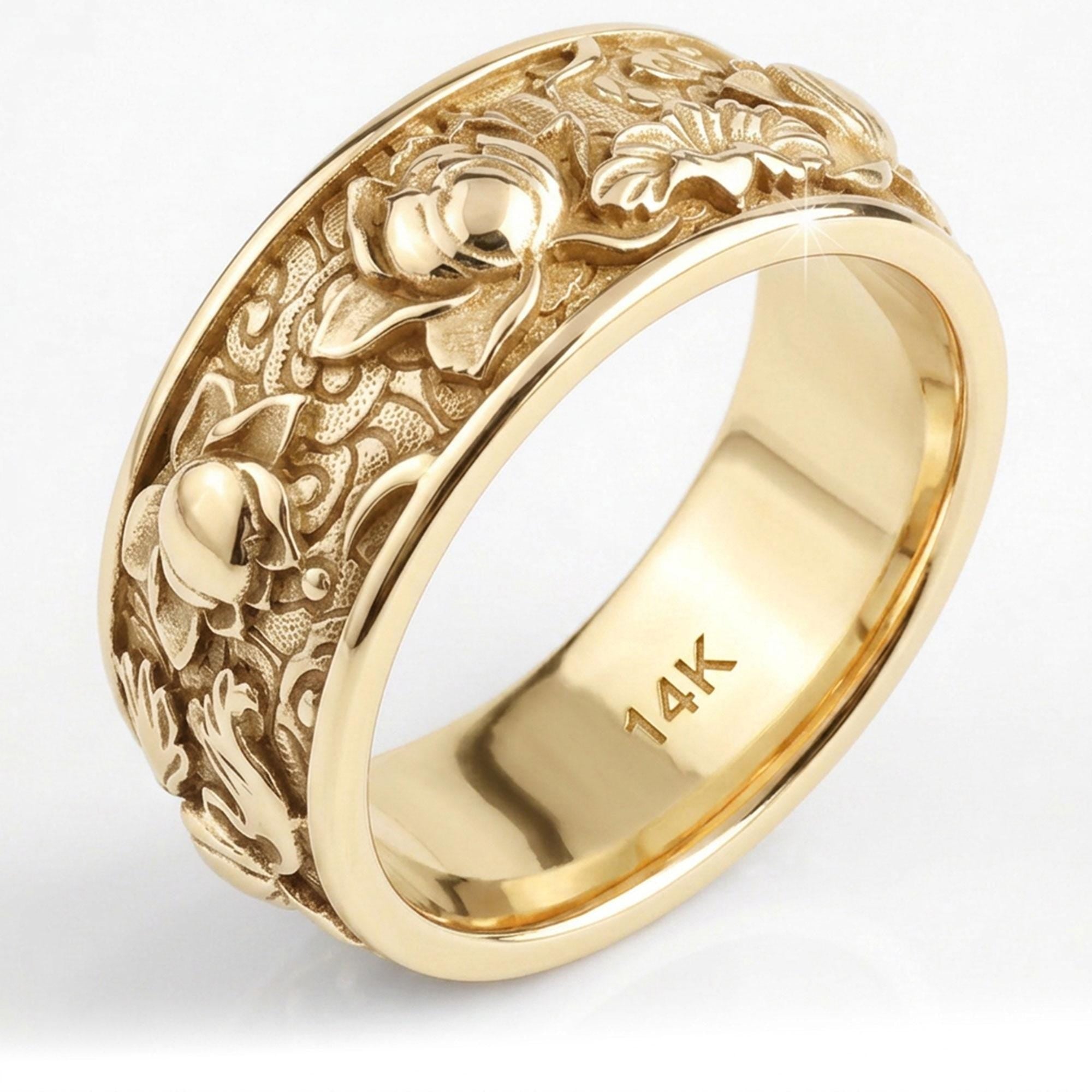14K Solid Gold Lotus Ring: Japanese Floral Wedding Band, Engraved Blossom Jewelry
