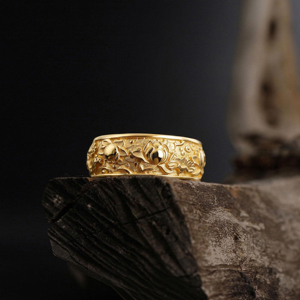 14K Solid Gold Lotus Ring: Japanese Floral Wedding Band, Engraved Blossom Jewelry