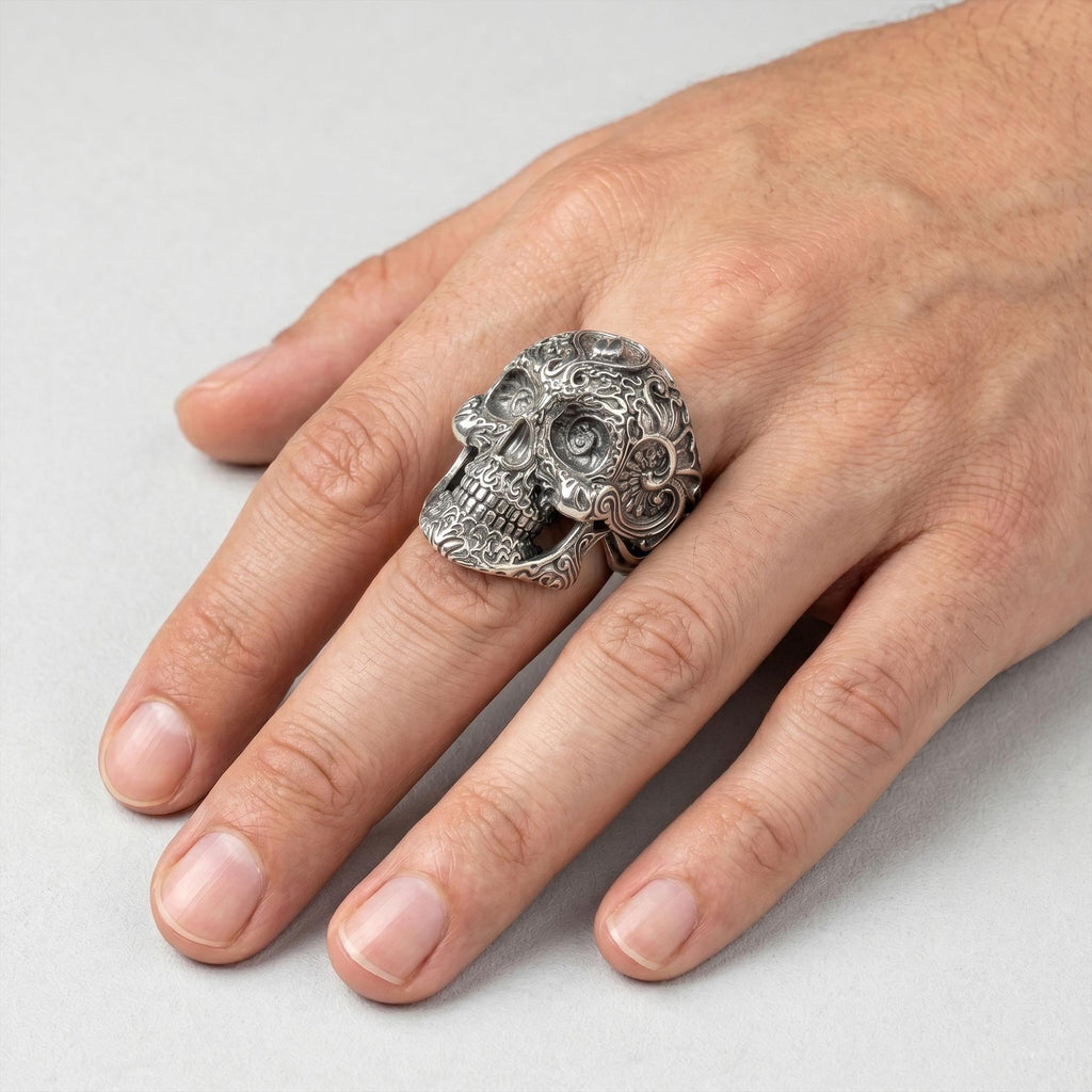 925K Sterling Silver Skull Ring: Baroque Engraved Gothic Biker Jewelry for Men