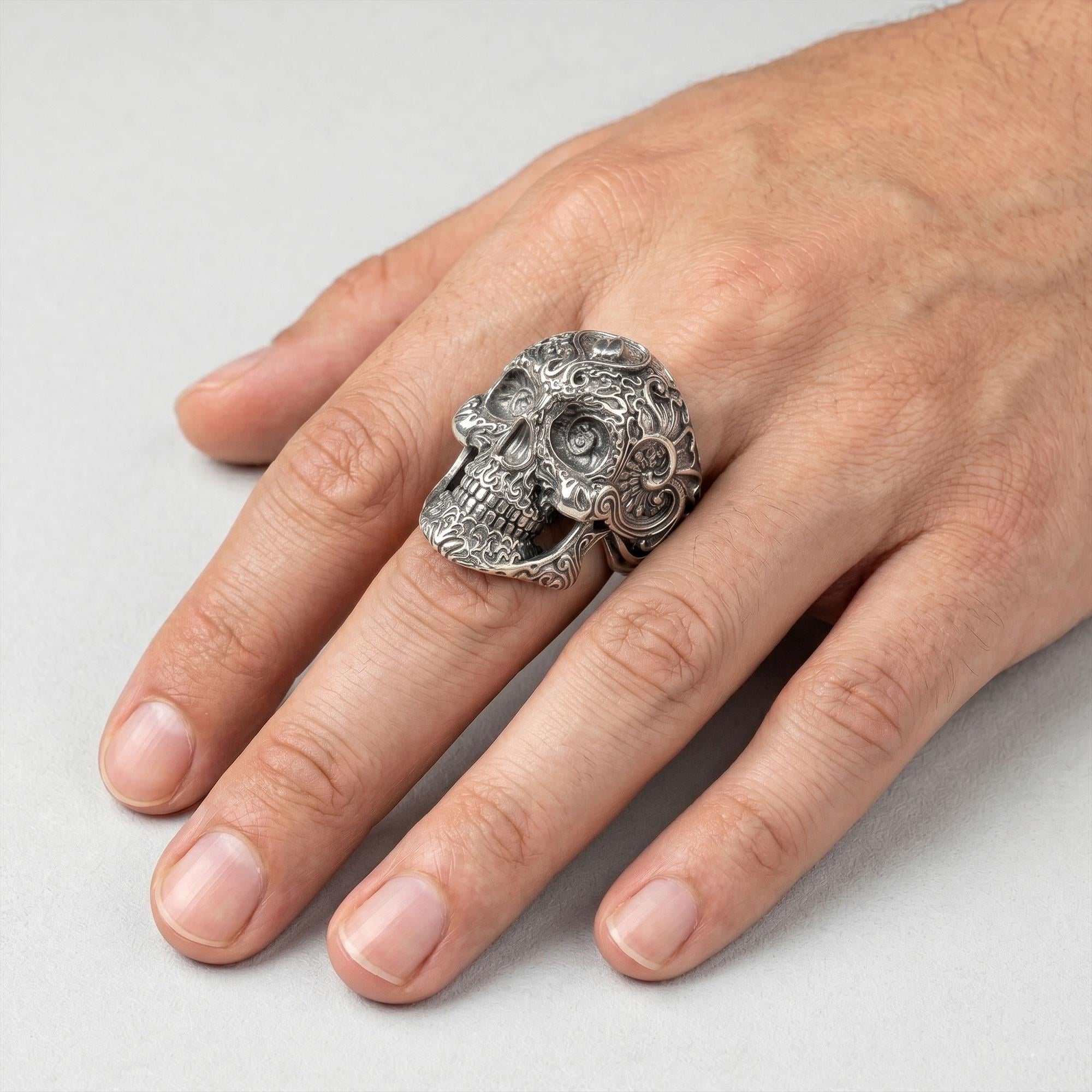 925K Sterling Silver Skull Ring: Baroque Engraved Gothic Biker Jewelry for Men