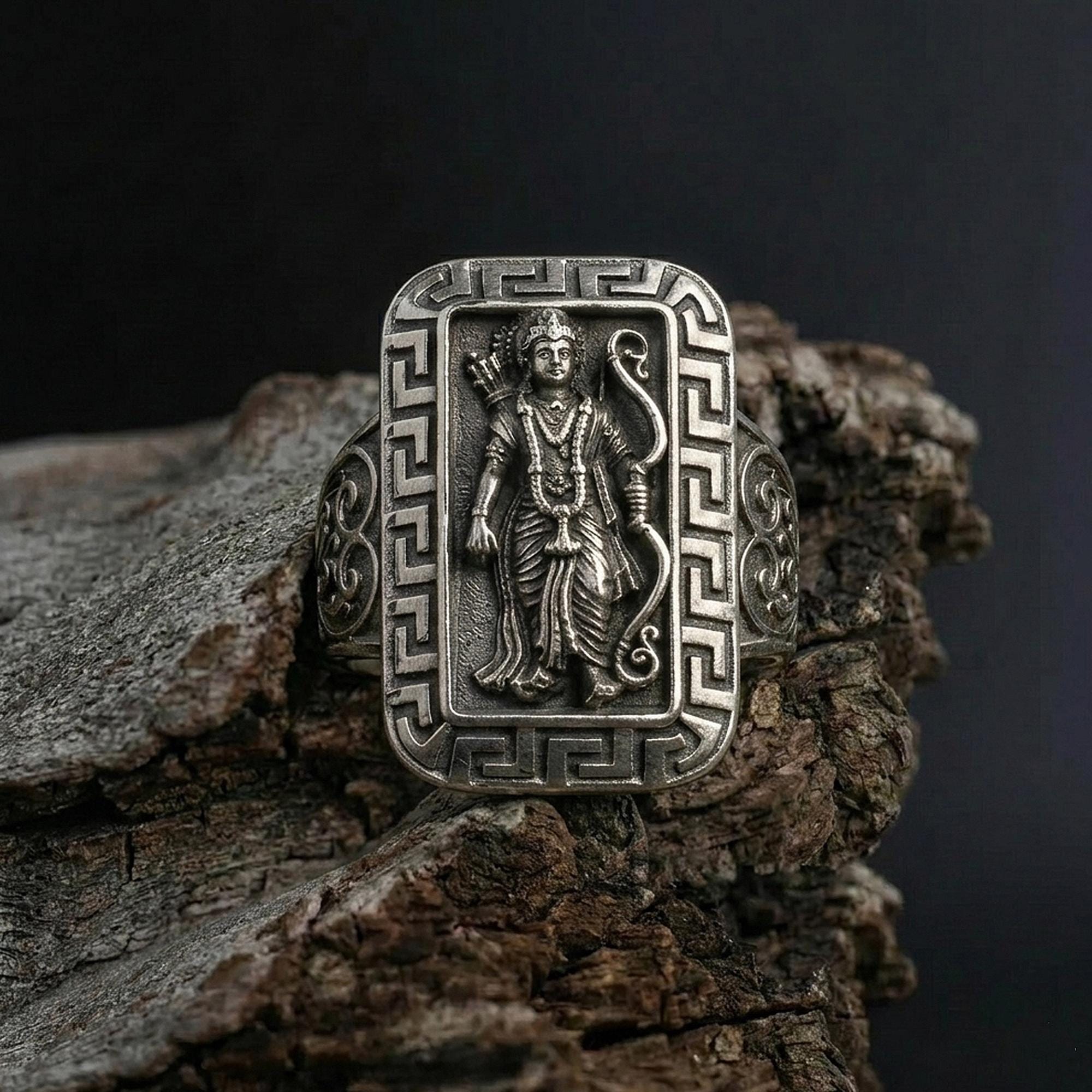 Silver Lord Rama Ring for Men, sterling silver Hindu jewelry, symbolic spiritual statement band, and handcrafted accessory designed for those who are inspired by faith, righteousness, and inner strength. This striking ring features a detailed depiction of Lord Rama, one of the most revered deities in Hindu tradition and the central hero of the Ramayana.