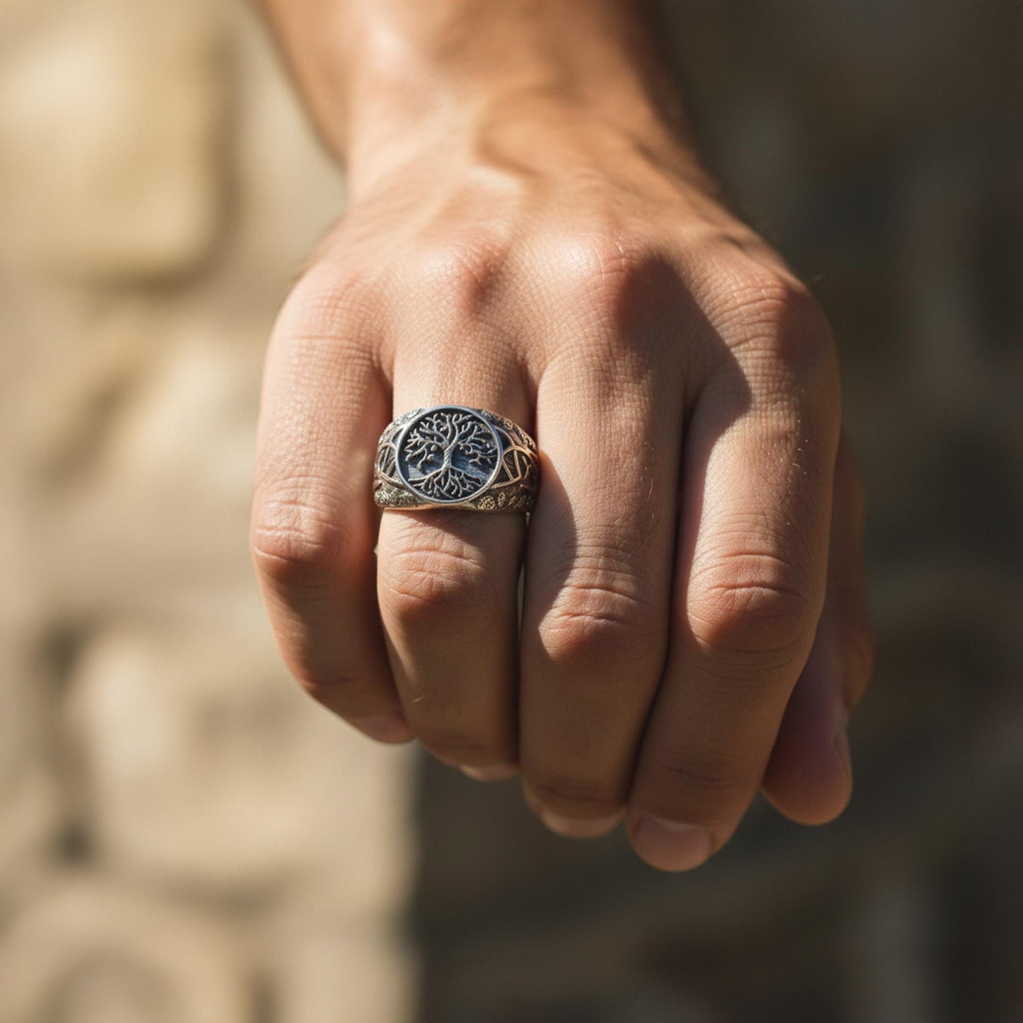 Mens Yggdrasil Ring: Sterling Silver Tree of Life Norse Band, Celtic Symbolism
