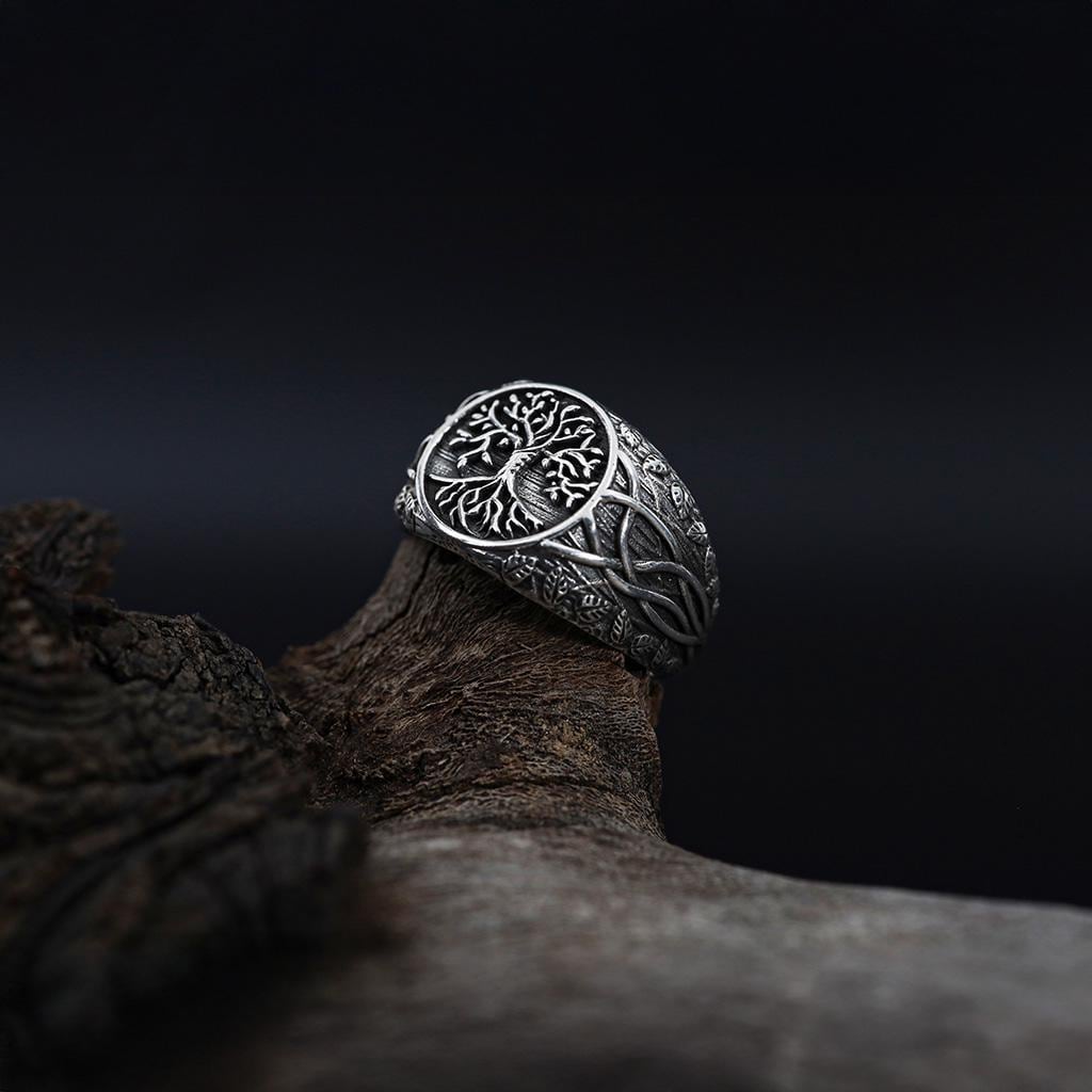 925K Sterling Silver Yggdrasil Ring: Norse Mythology Tree of Life Men & Women Band