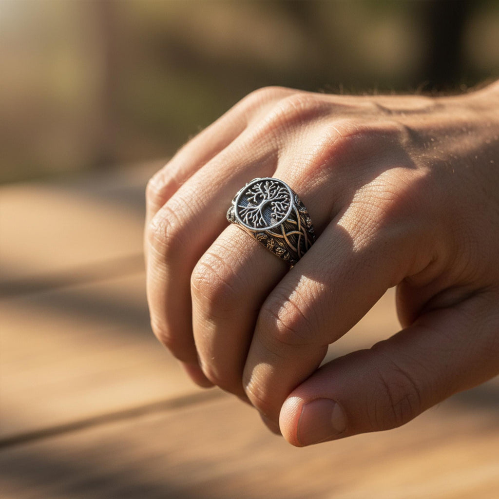 Rhodium Plated Yggdrasil Ring, Tree of Life Signet Ring for Men, Bohemian Nature Symbol Ring, Scandinavian Ring, Life Force Jewelry