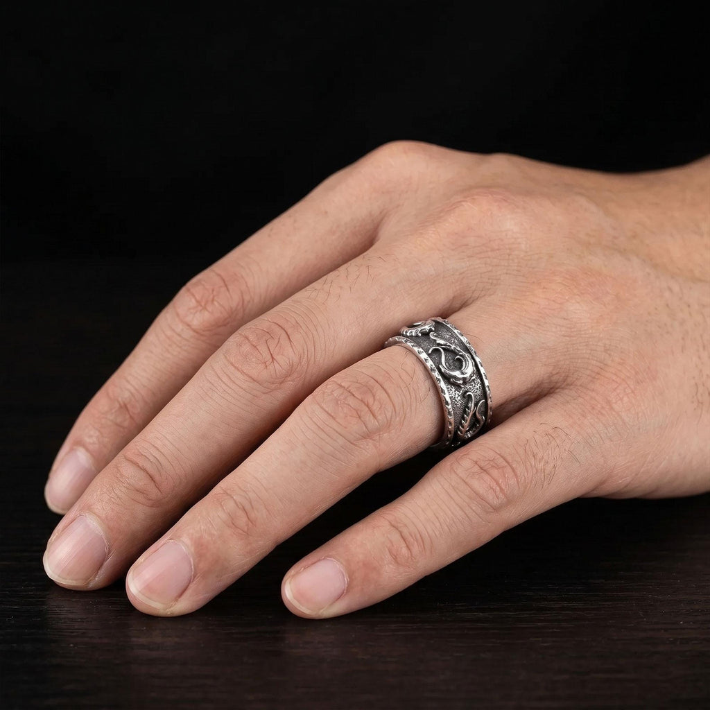 Sterling Silver Wind Band Ring: Wide Band Floral Ring, Nature Inspired Band Ring for Men, Wedding Band Men