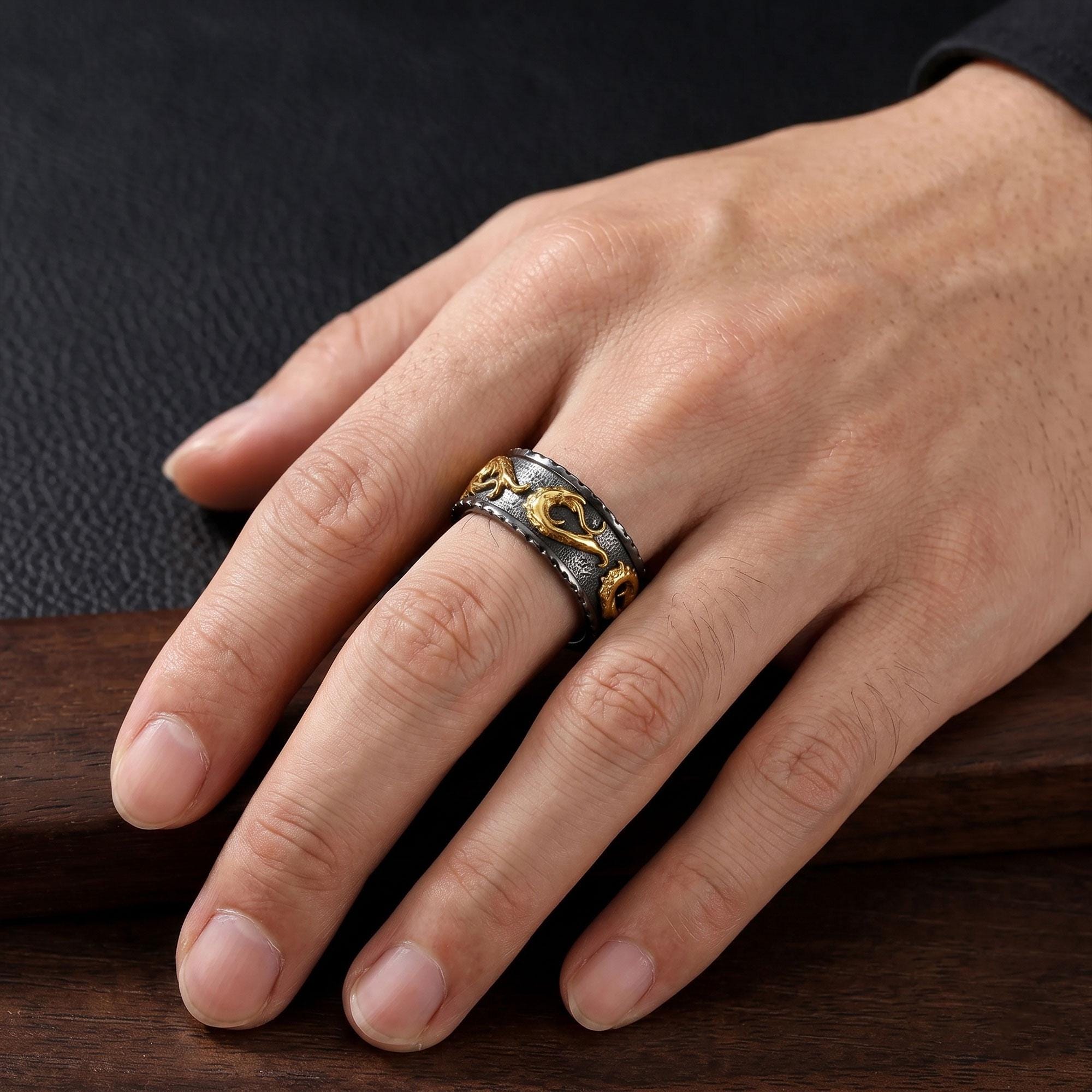 Rhodium Plated Dragon Band Ring: Wind Pattern Band, Waves Nature Inspired Jewelry