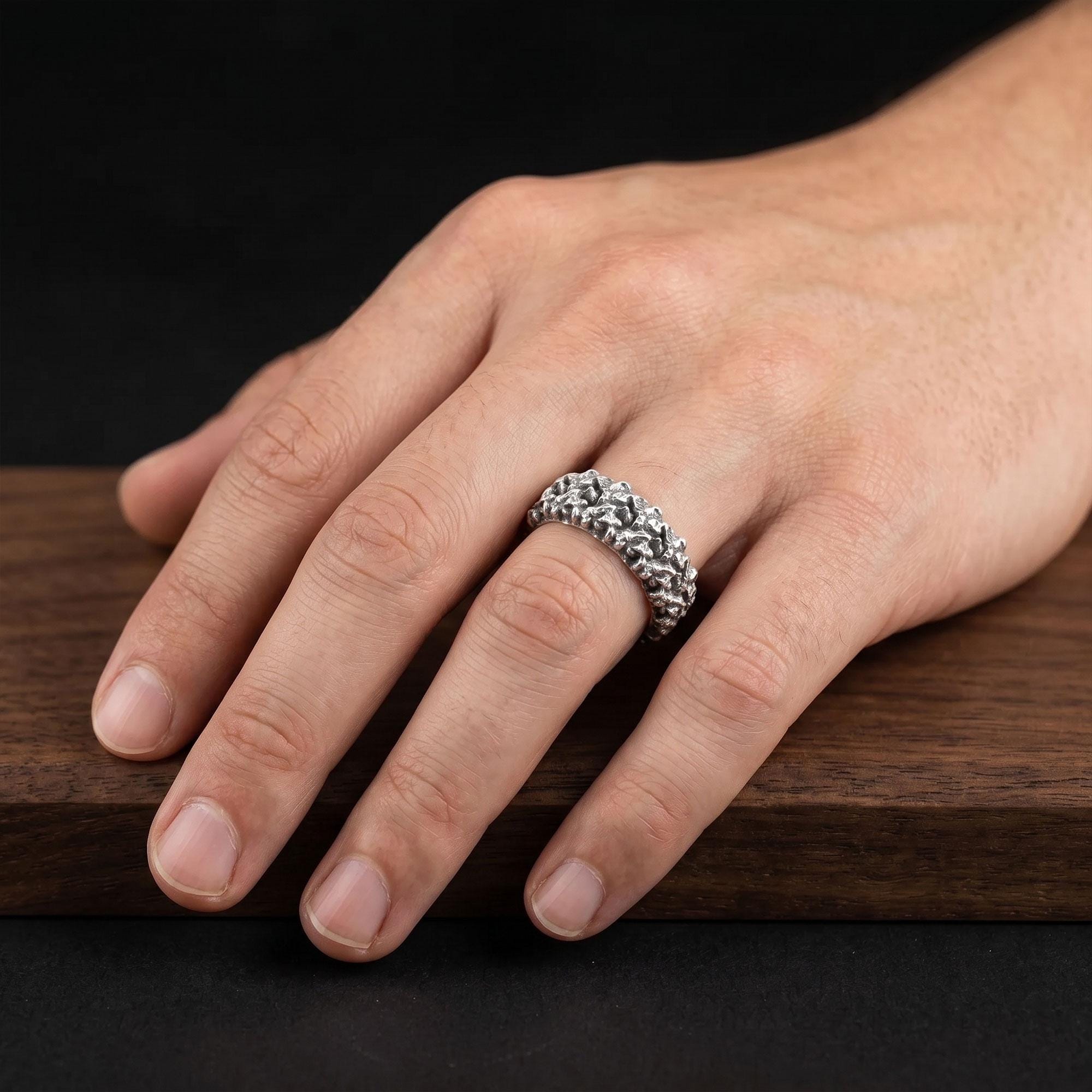 Textured Band Ring for Men, Rhodium Plated Sterling Silver with Openwork Modern Design