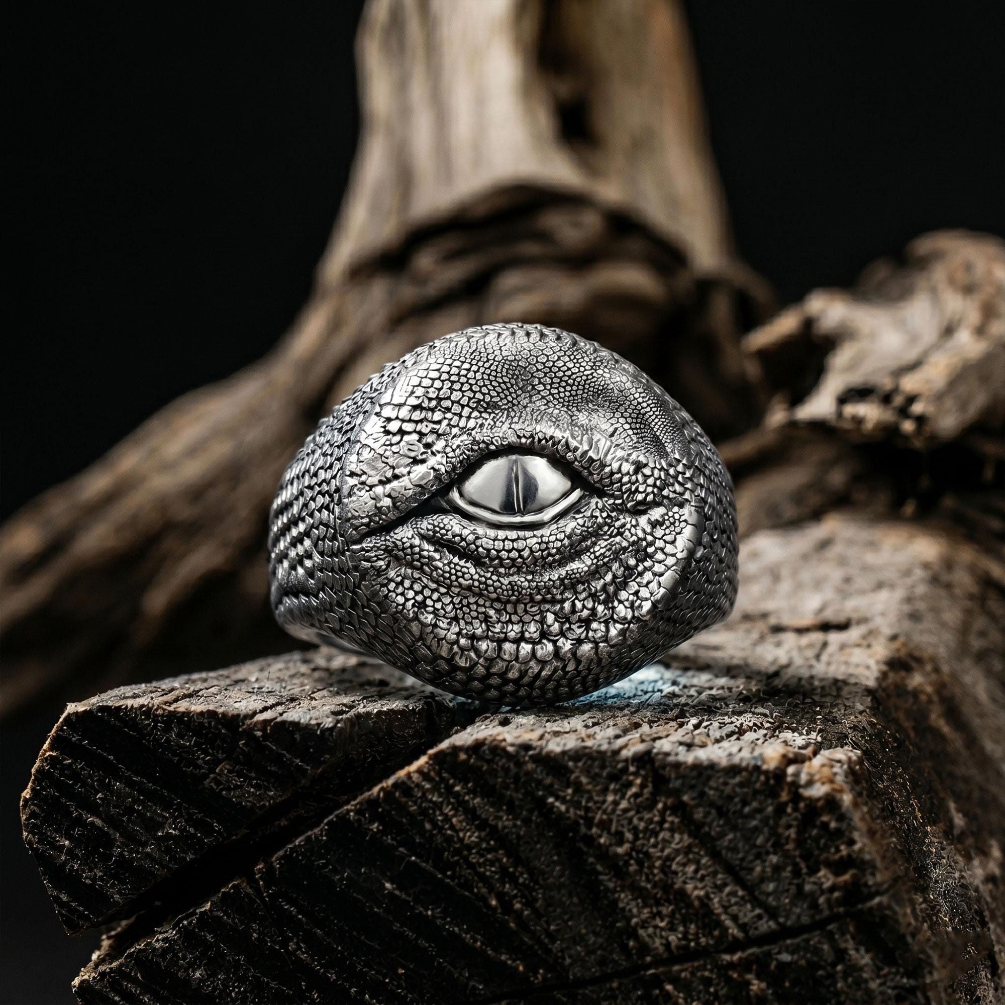 Sterling Silver Dragon Eye Ring: Mythical Creature Signet Men Ring