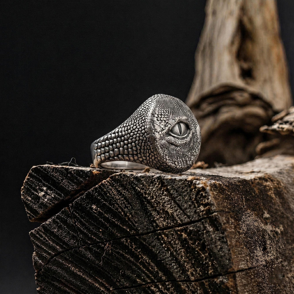 Sterling Silver Dragon Eye Ring: Mythical Creature Signet Men Ring