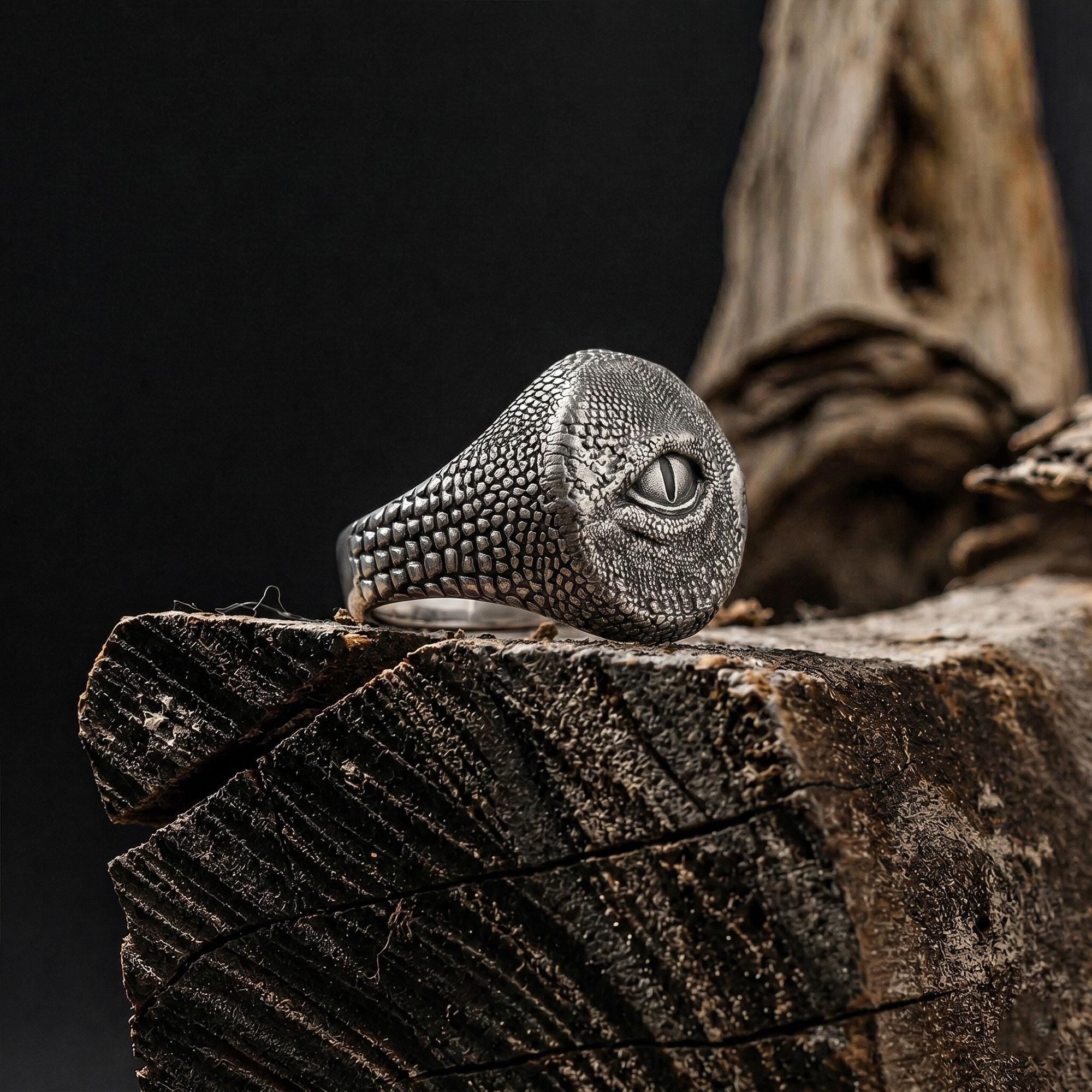 Sterling Silver Dragon Eye Ring: Mythical Creature Signet Men Ring