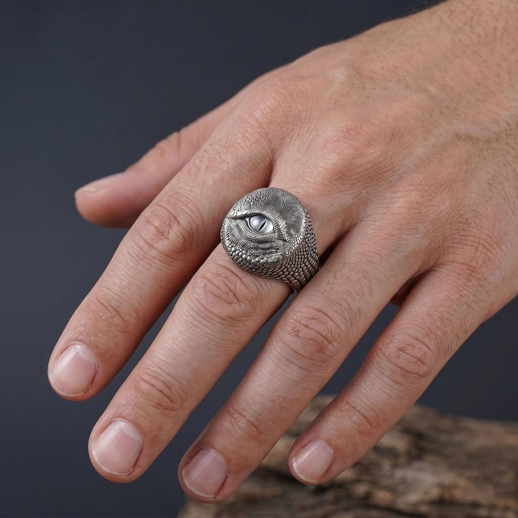 Sterling Silver Dragon Eye Ring: Mythical Creature Signet Men Ring