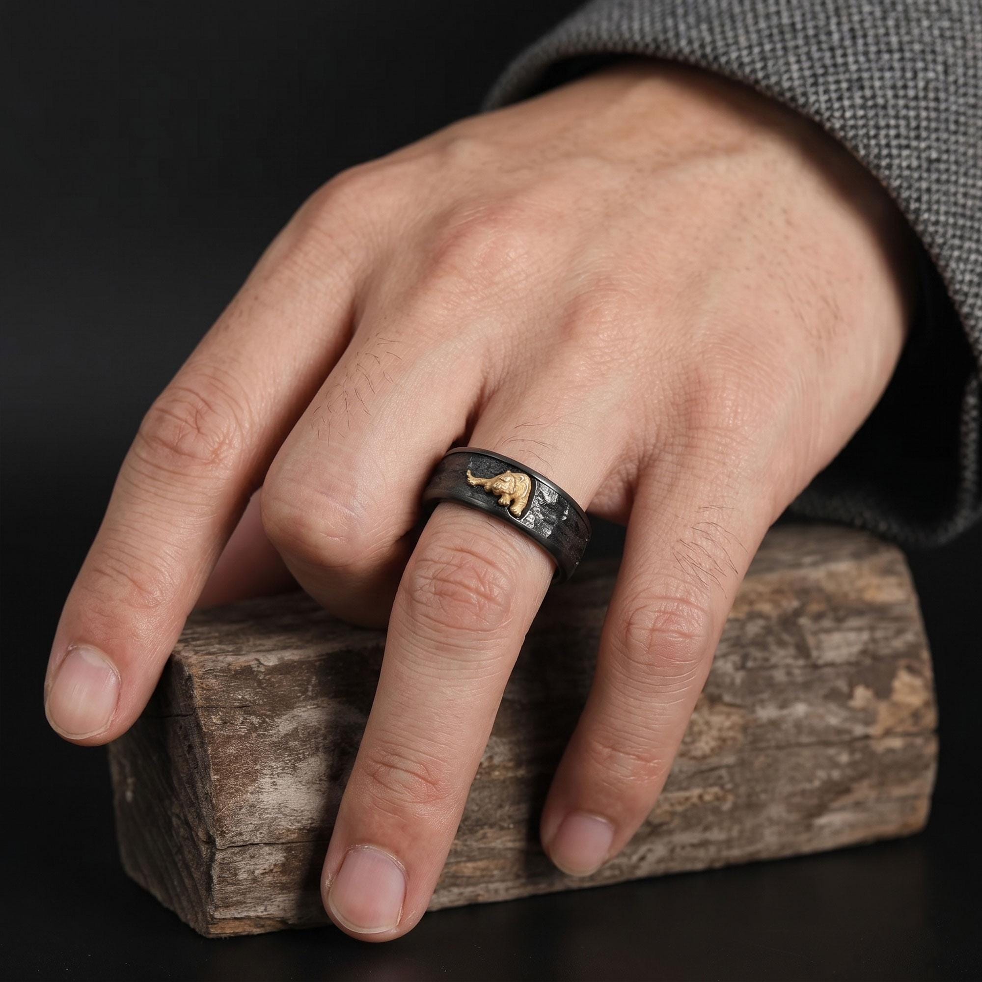 Engraved Rhodium Plated Tiger Ring: Wild Cat Jewelry,  Men's Statement Band