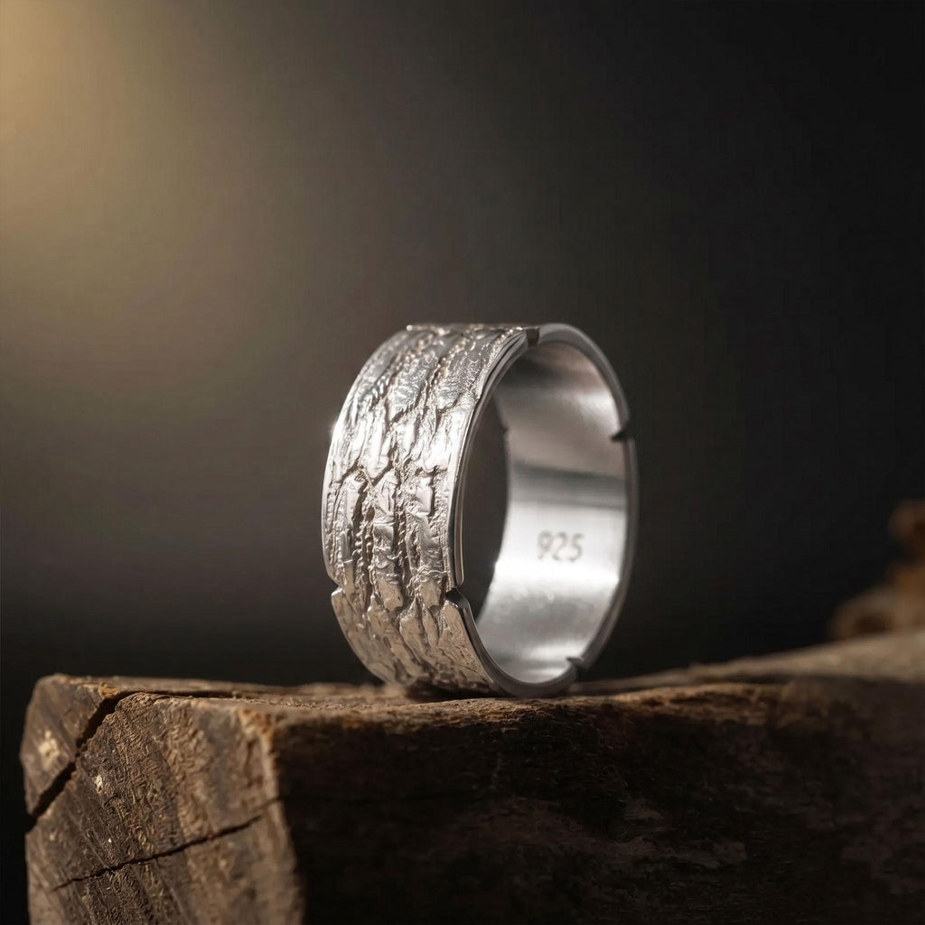 Textured Wide Band Ring, Sterling Silver Rustic Wedding Band, Hammered Statement Ring for Men