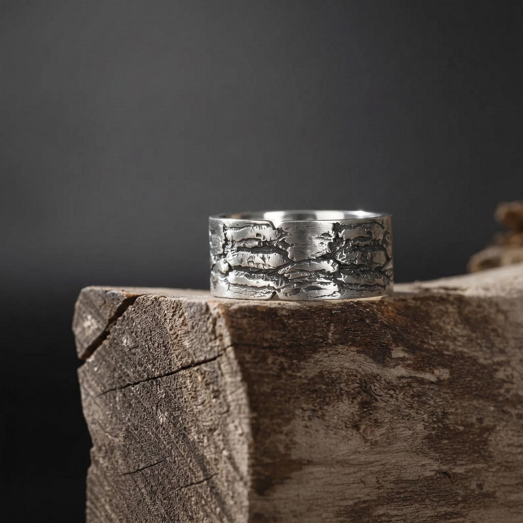 Textured Wide Band Ring, Sterling Silver Rustic Wedding Band, Hammered Statement Ring for Men