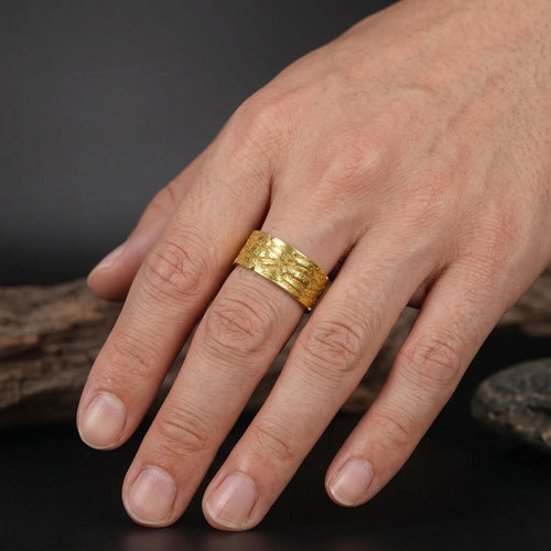 14K Solid Gold Textured Wide Band Ring: Handmade Bold Statement Wedding Band