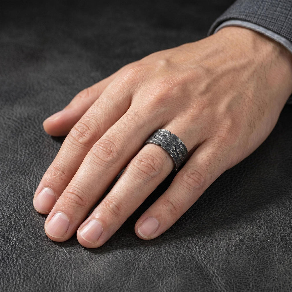 Textured Wide Band Ring, Sterling Silver Rustic Wedding Band, Hammered Statement Ring for Men