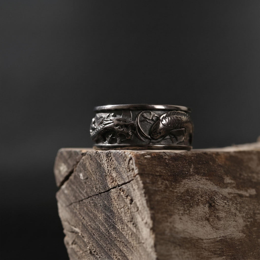 Carp Koi Fish and Dragon Ring: 925K Sterling silver Handmade Men's Fantasy Band Ring