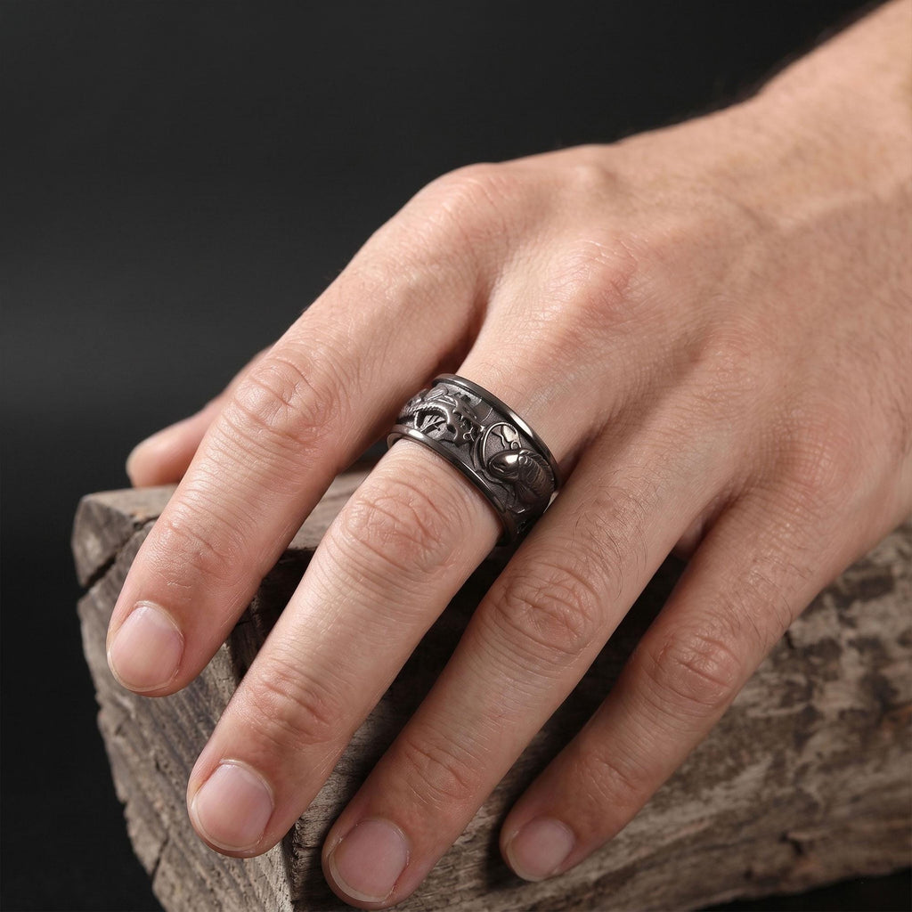 Gold Plated Dragon Koi Carp Band Ring: Japanese Symbolic Statement Jewelry, Fish Band Ring