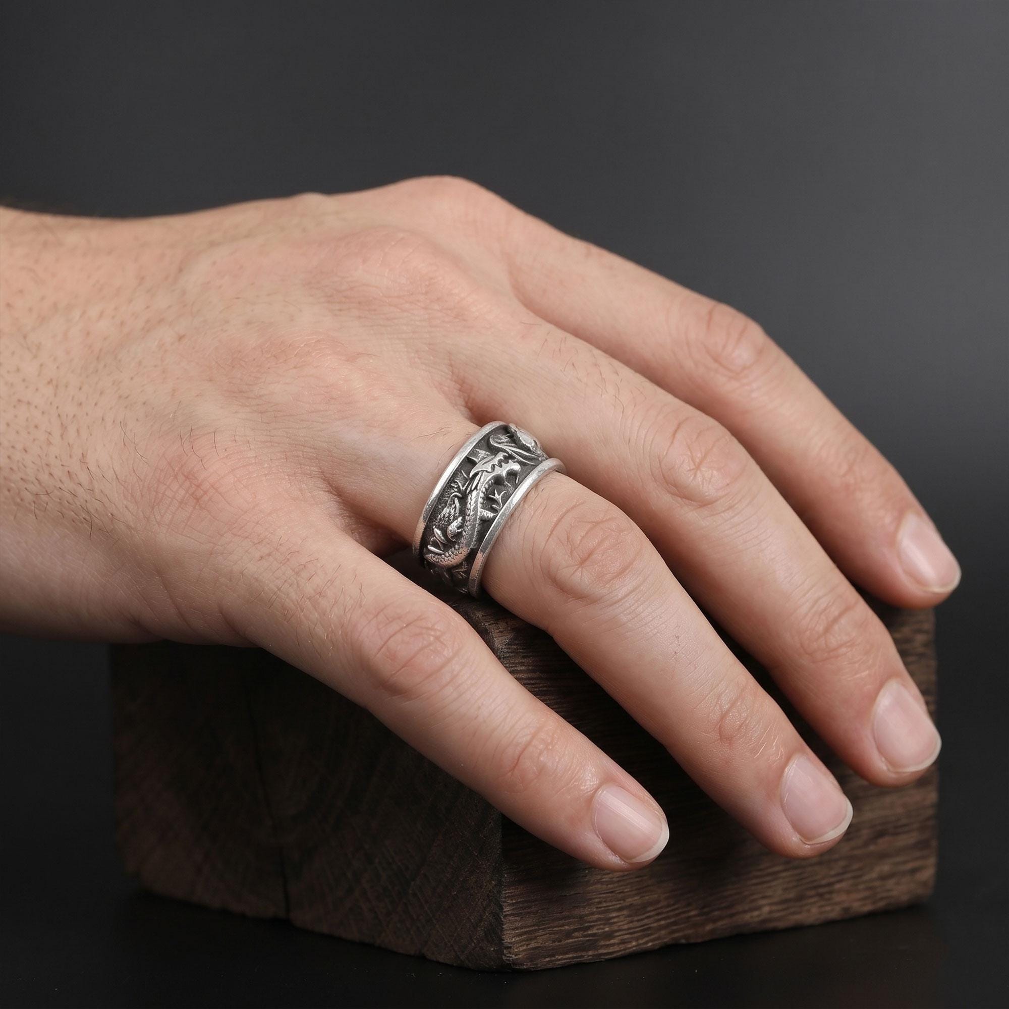Gold Plated Dragon Koi Carp Band Ring: Japanese Symbolic Statement Jewelry, Fish Band Ring
