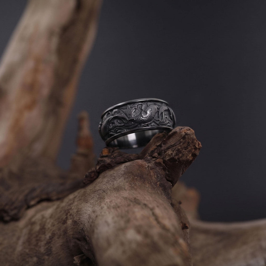 Gold Plated Koi Carp Ring: Japanese Engraved Band, Men's Statement Jewelry