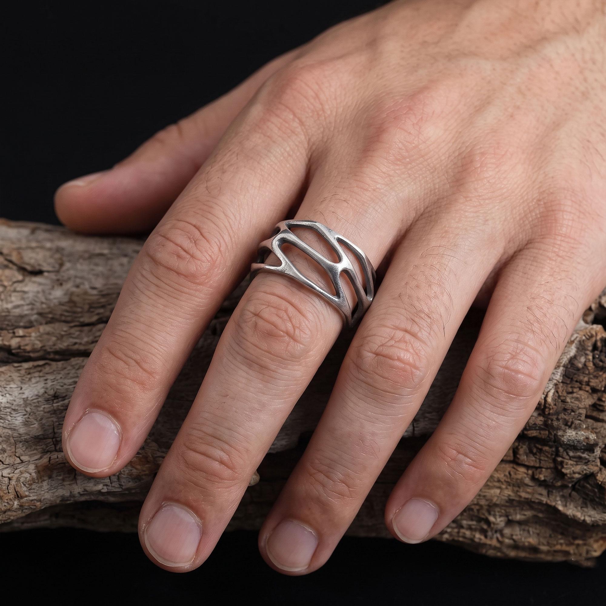 Gold Plated Perforated Wide Band Ring: Silver Geometric Statement Jewelry