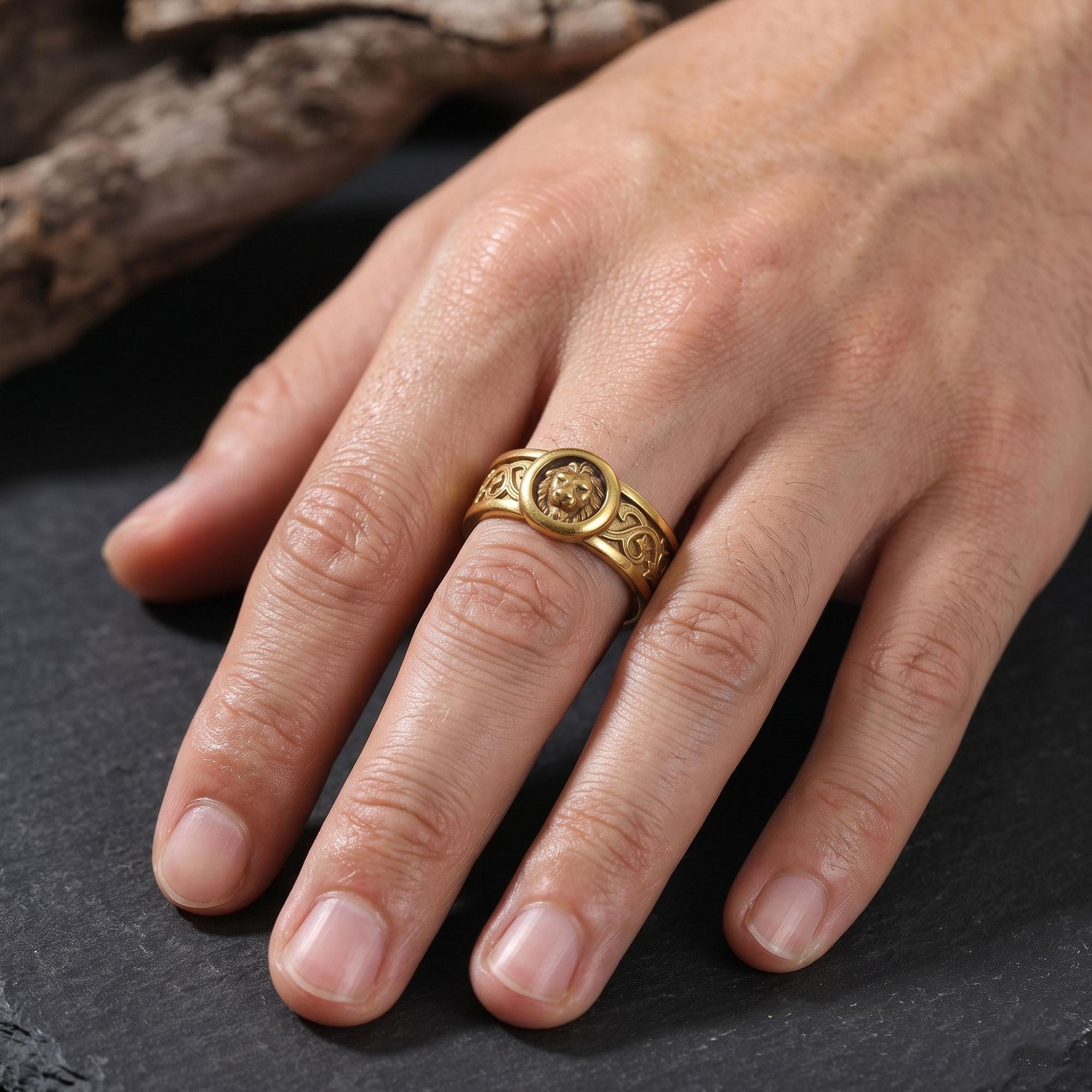 Black Celtic Lion Band Ring: Celtic Knot Wedding Band, Medieval Lion Jewelry