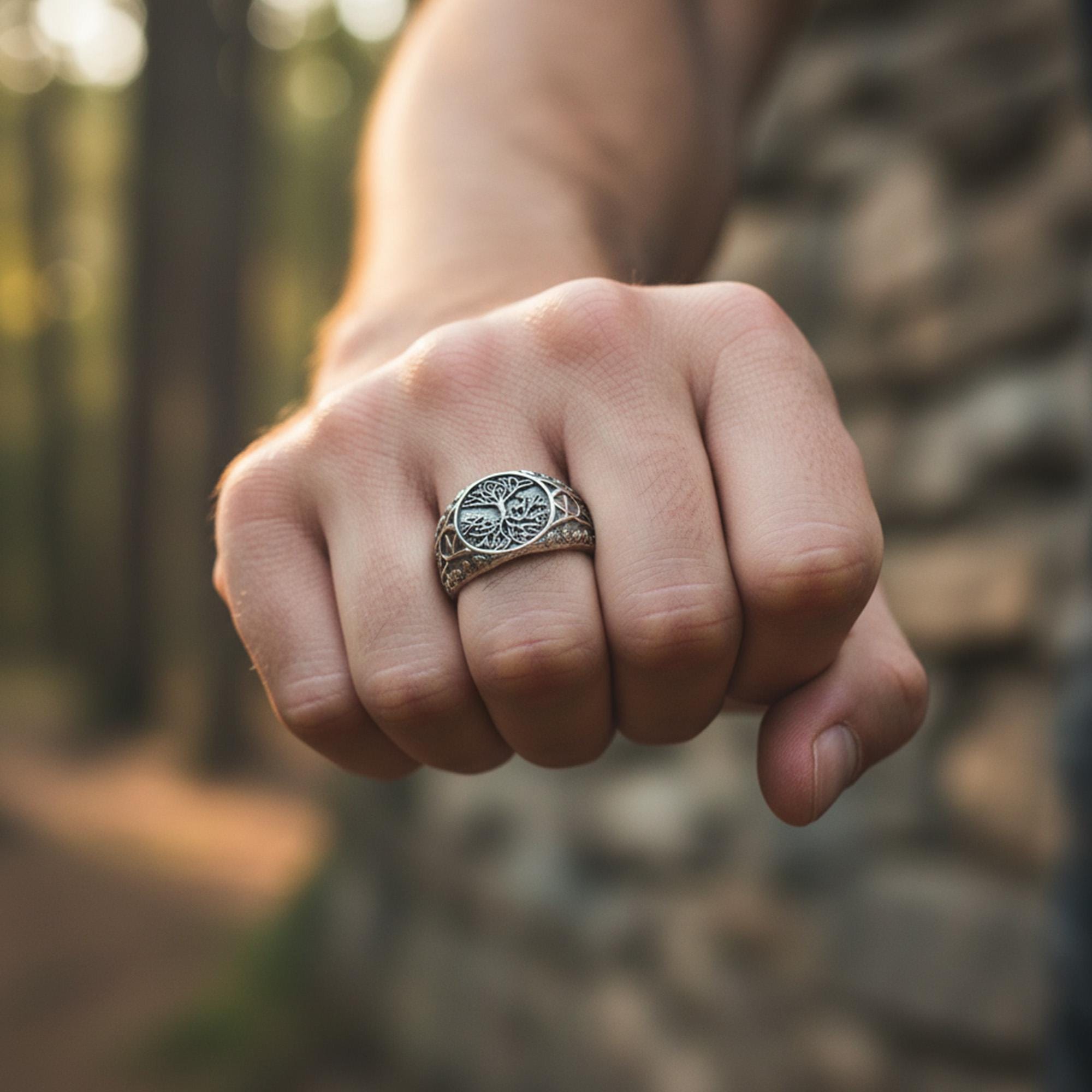 Mens Yggdrasil Ring: Sterling Silver Tree of Life Norse Band, Celtic Symbolism