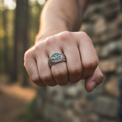 Mens Yggdrasil Ring: Sterling Silver Tree of Life Norse Band, Celtic Symbolism