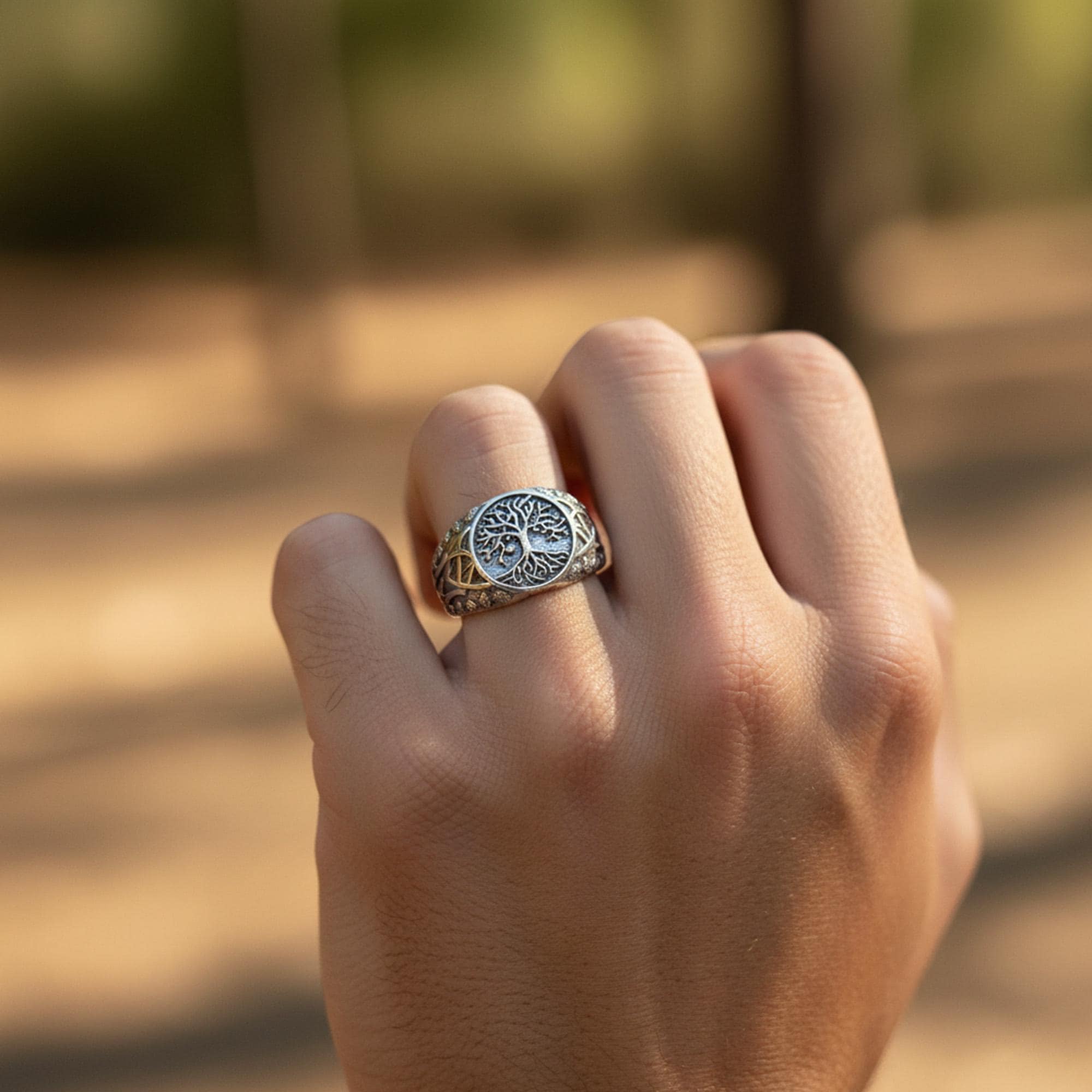 Rhodium Plated Yggdrasil Ring, Tree of Life Signet Ring for Men, Bohemian Nature Symbol Ring, Scandinavian Ring, Life Force Jewelry
