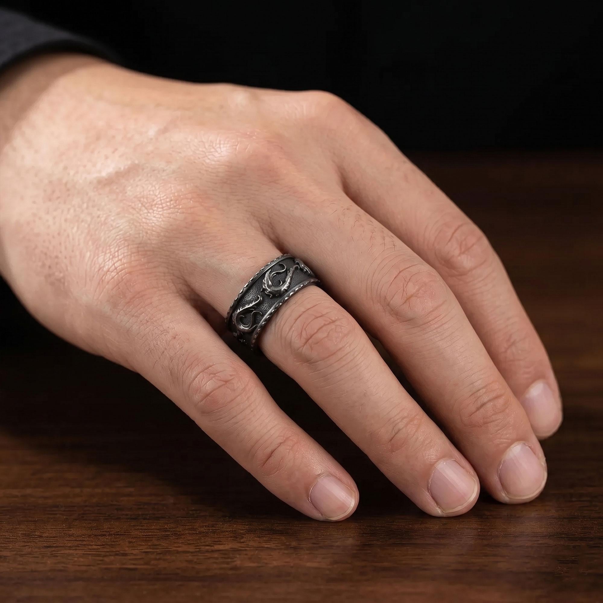 Rhodium Plated Dragon Band Ring: Wind Pattern Band, Waves Nature Inspired Jewelry