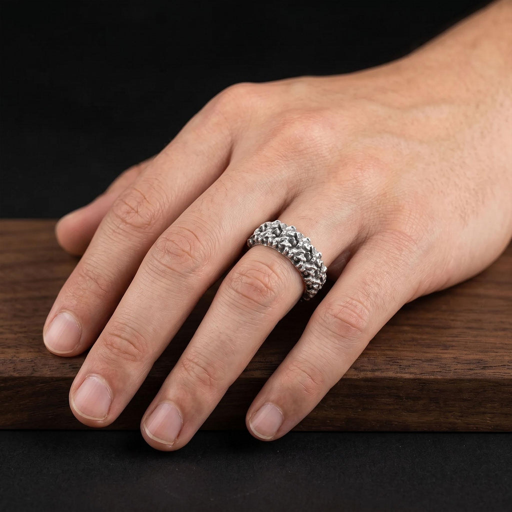 Silver Asymmetric Textured Band Ring: Cool Design Wedding Band, Unique Silver Jewelry
