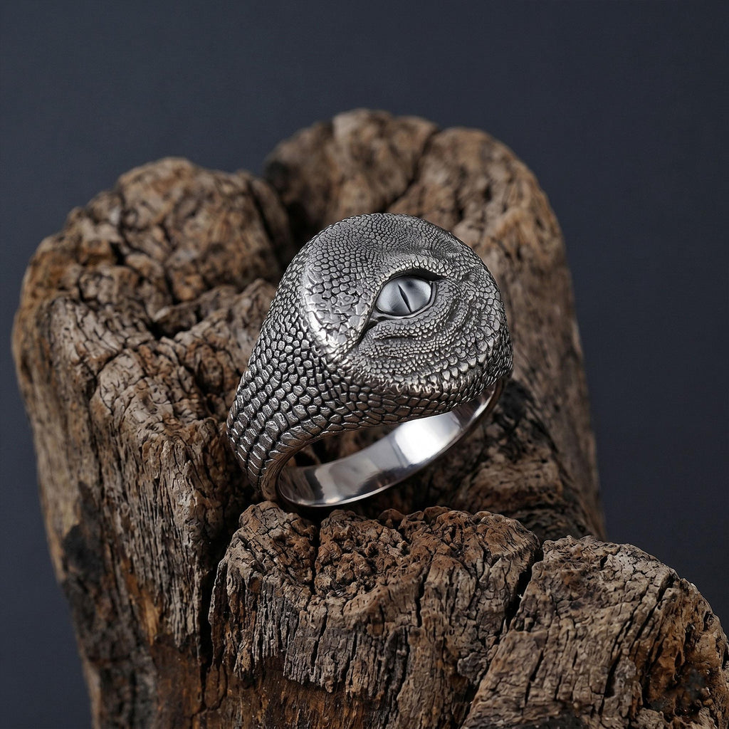 Sterling Silver Dragon Eye Ring: Mythical Creature Signet Men Ring