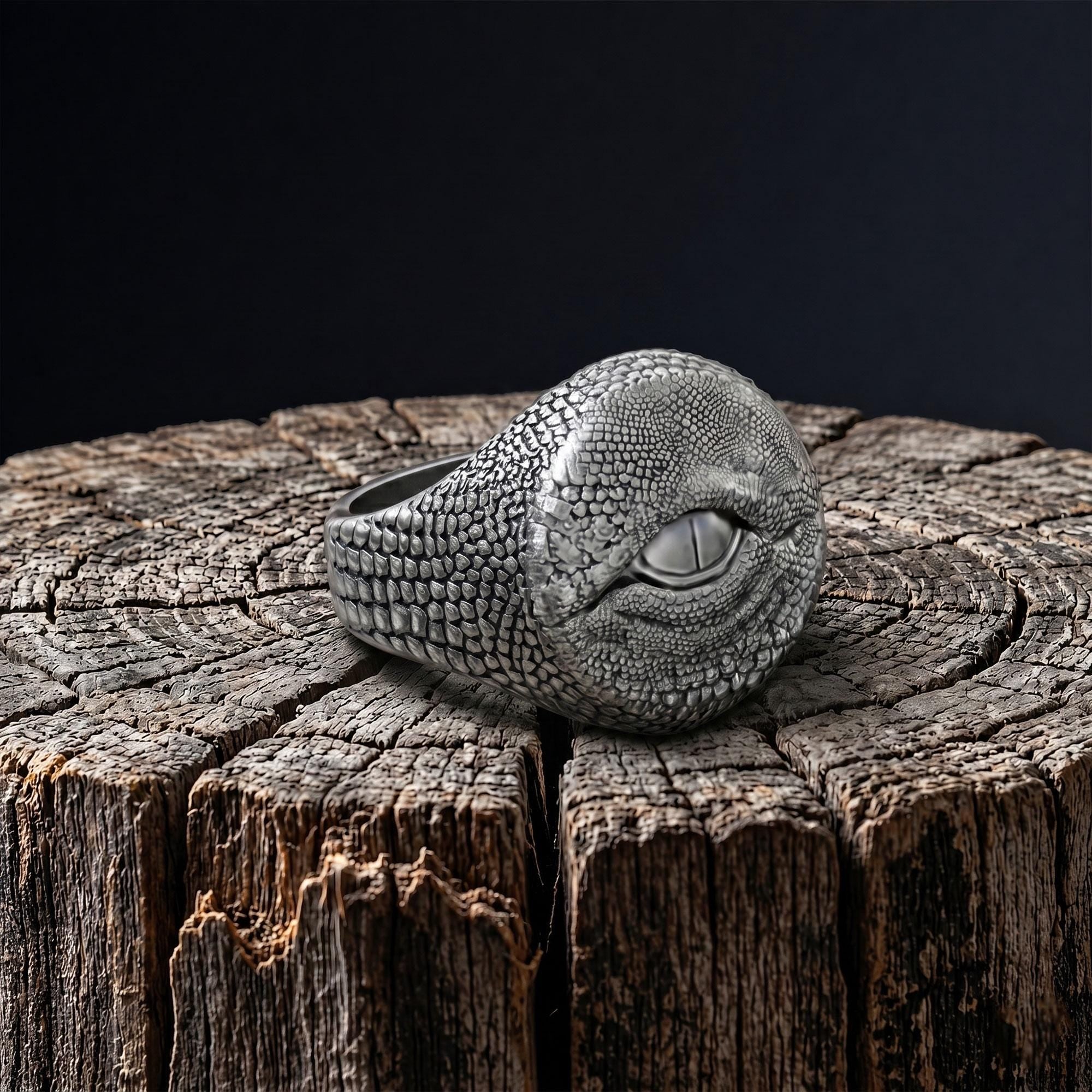 Sterling Silver Dragon Eye Ring: Mythical Creature Signet Men Ring
