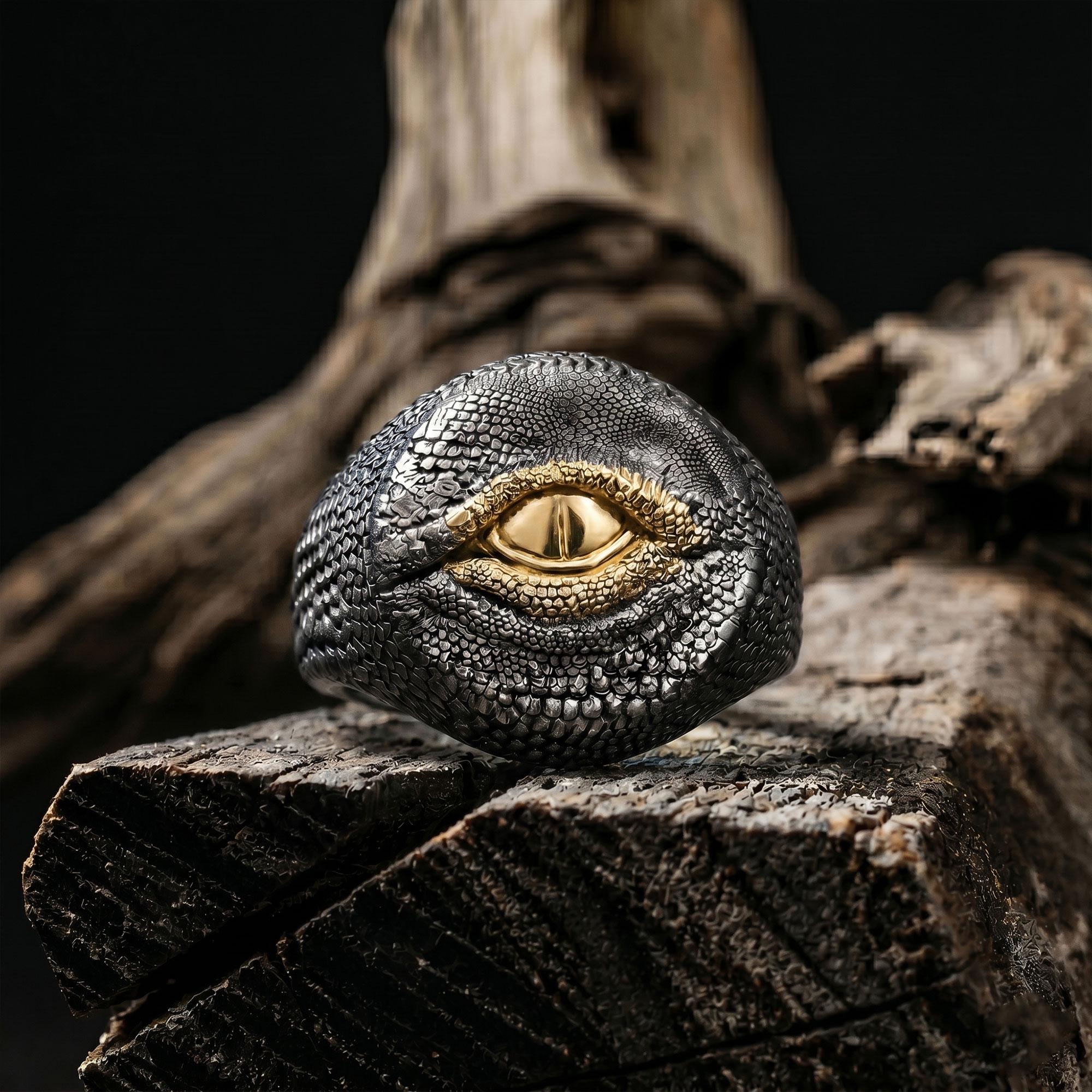 Sterling Silver Dragon Eye Ring: Mythical Creature Signet Men Ring