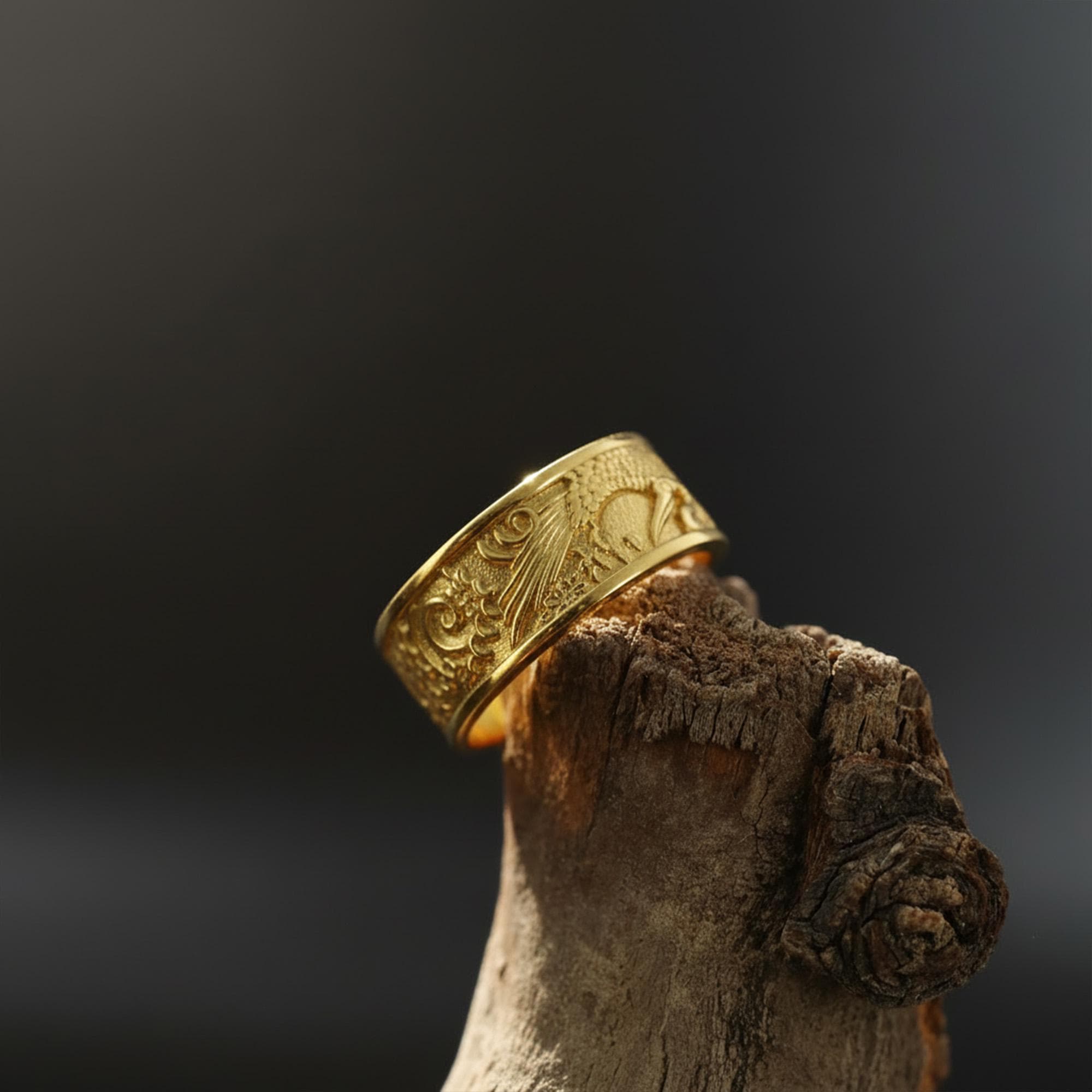 Gold Plated Shadoof Band Ring: Traditional Band Ring, Men's Silver Jewelry, Asian Oriental Ring, Japanese Jewelry