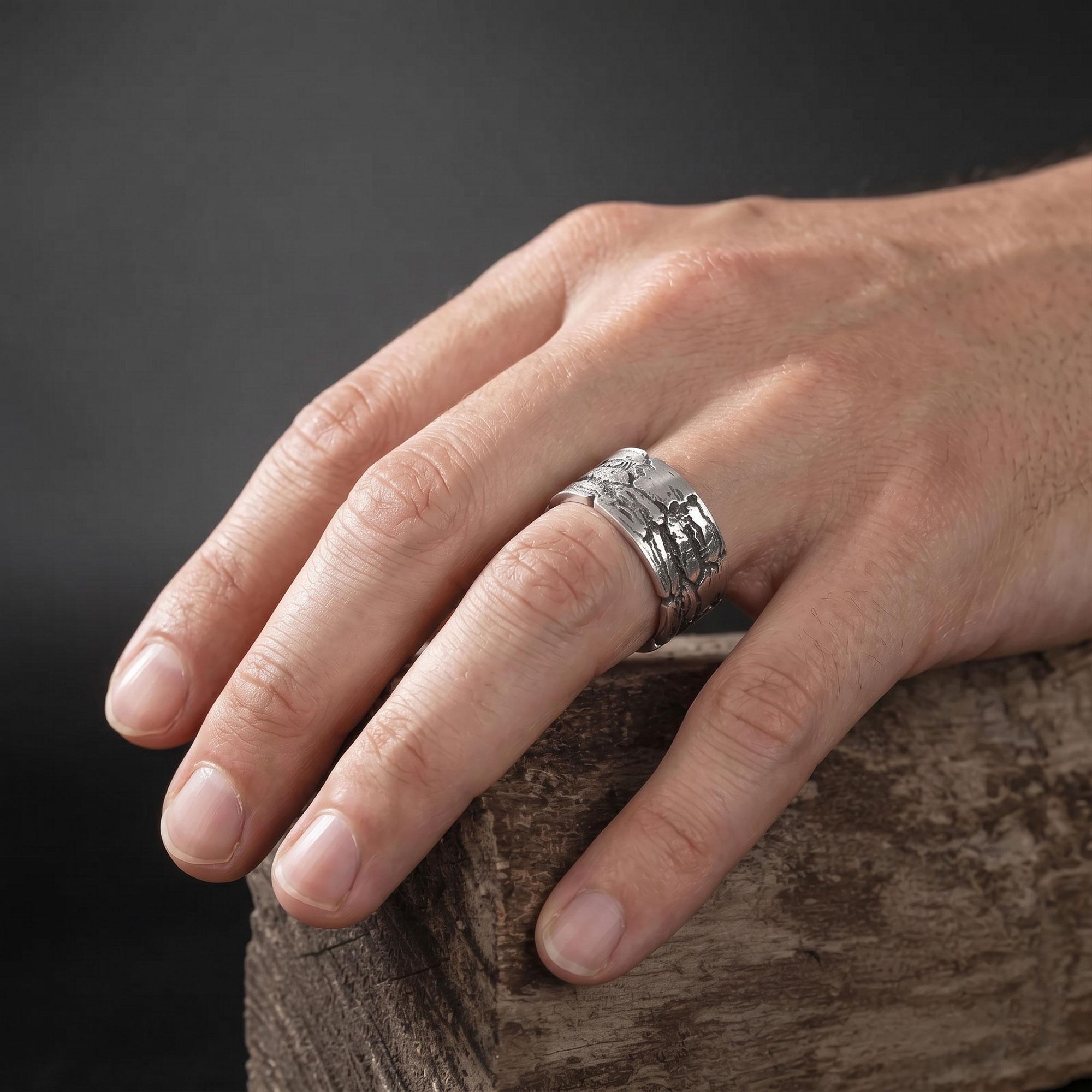 Handmade Textured Wide Band Ring: Sterling Silver Statement Wedding Band
