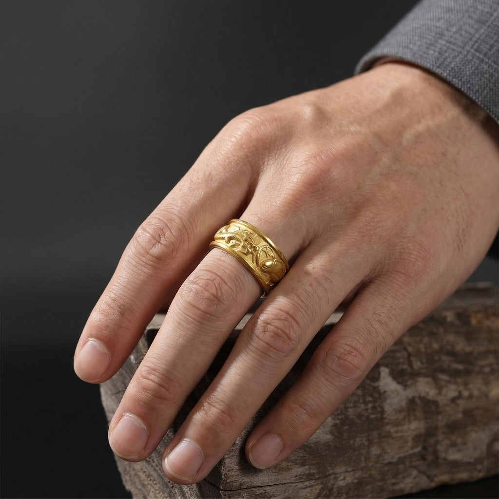 Gold Plated Dragon Koi Carp Band Ring: Japanese Symbolic Statement Jewelry, Fish Band Ring