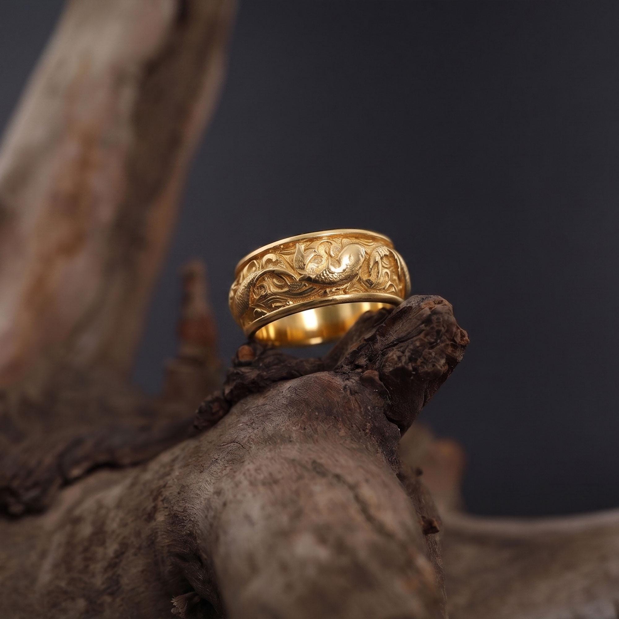 Japanese Carp Koi Fish Band Ring: Textured Animal Band Ring, Japanese Motifs Silver Men Ring, Pisces Jewelry