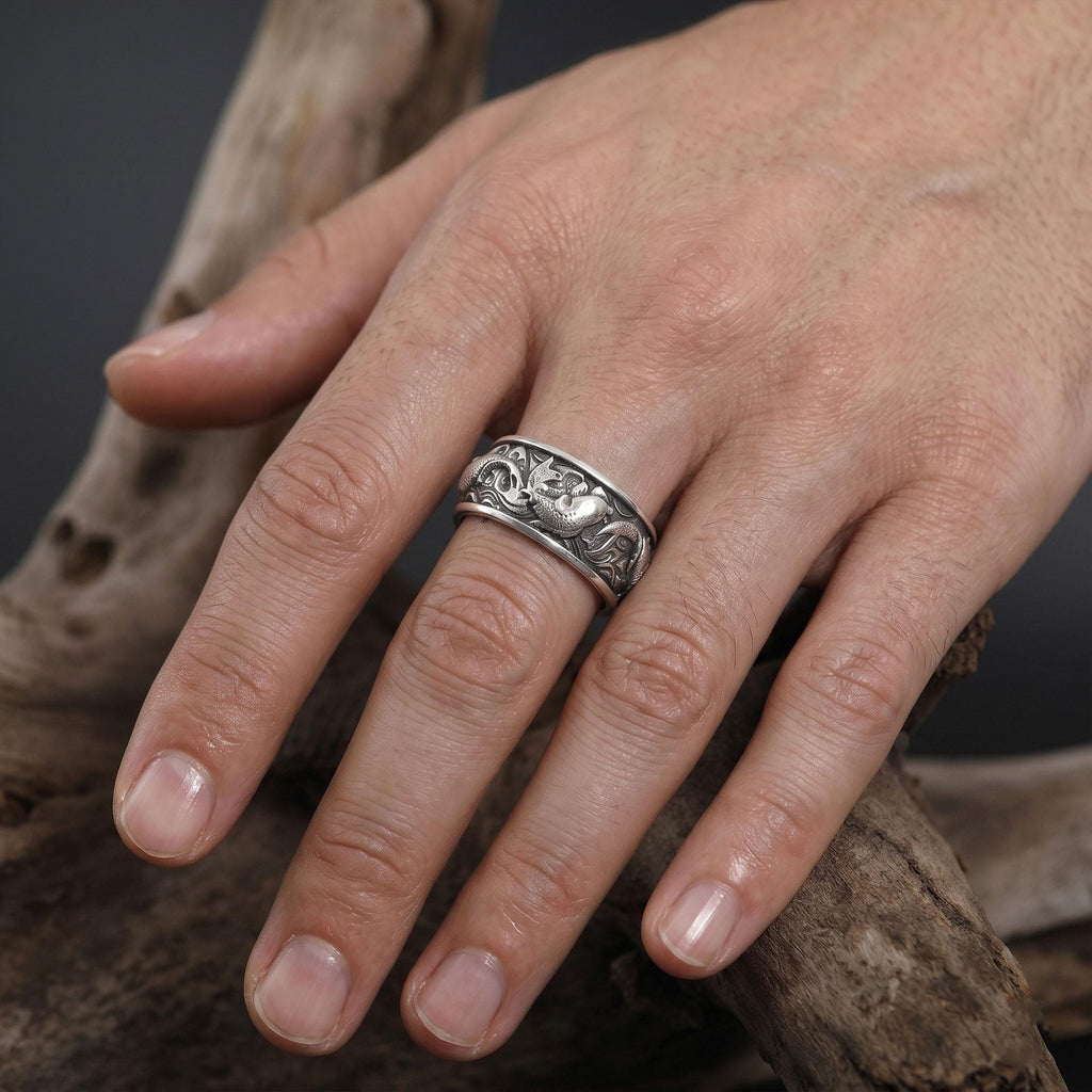 Gold Plated Koi Carp Ring: Japanese Engraved Band, Men's Statement Jewelry