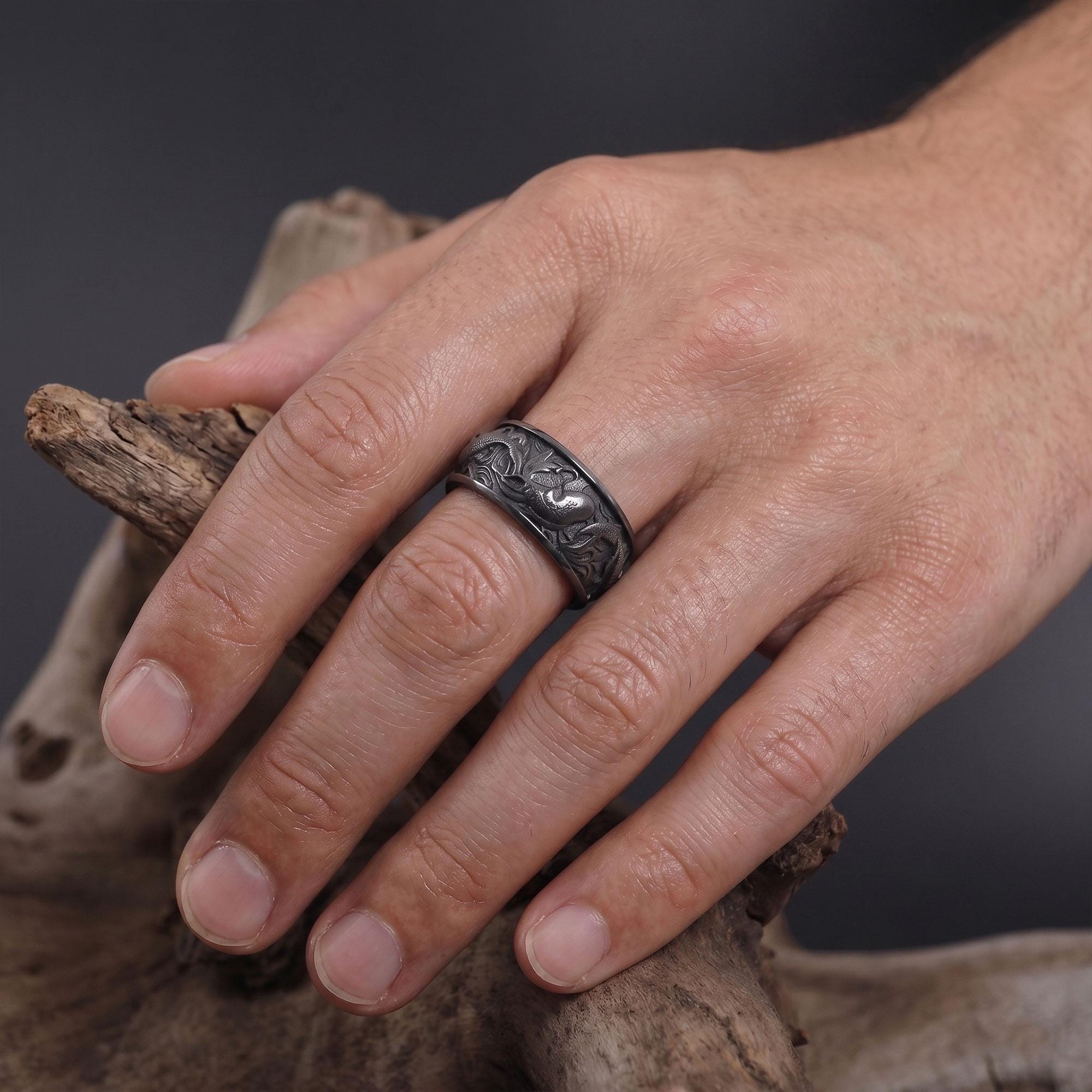 Gold Plated Koi Carp Ring: Japanese Engraved Band, Men's Statement Jewelry