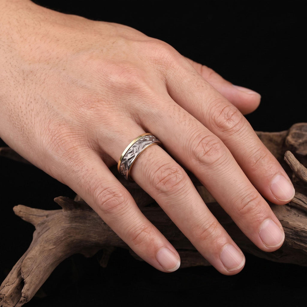 Textured Band Ring, Gold Plated Grooved Wedding Band, Rustic Hammered Ring for Men & Women