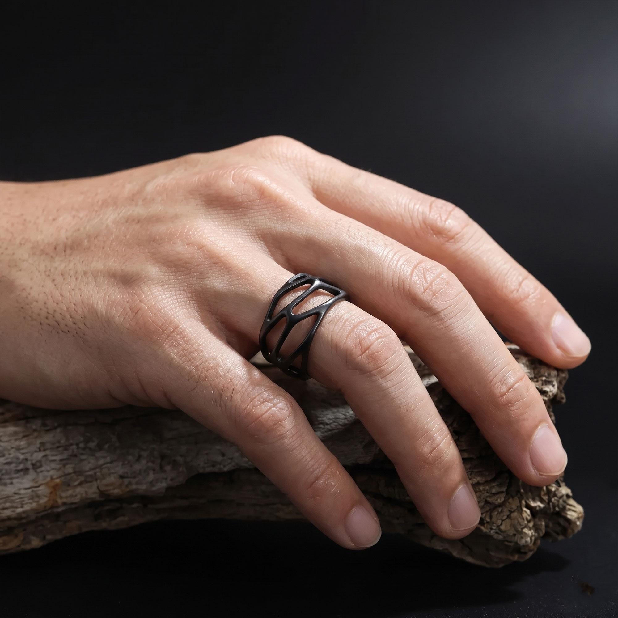 Black Geometric Ring: Rhodium Plated Statement Band, Silver Open Band Ring